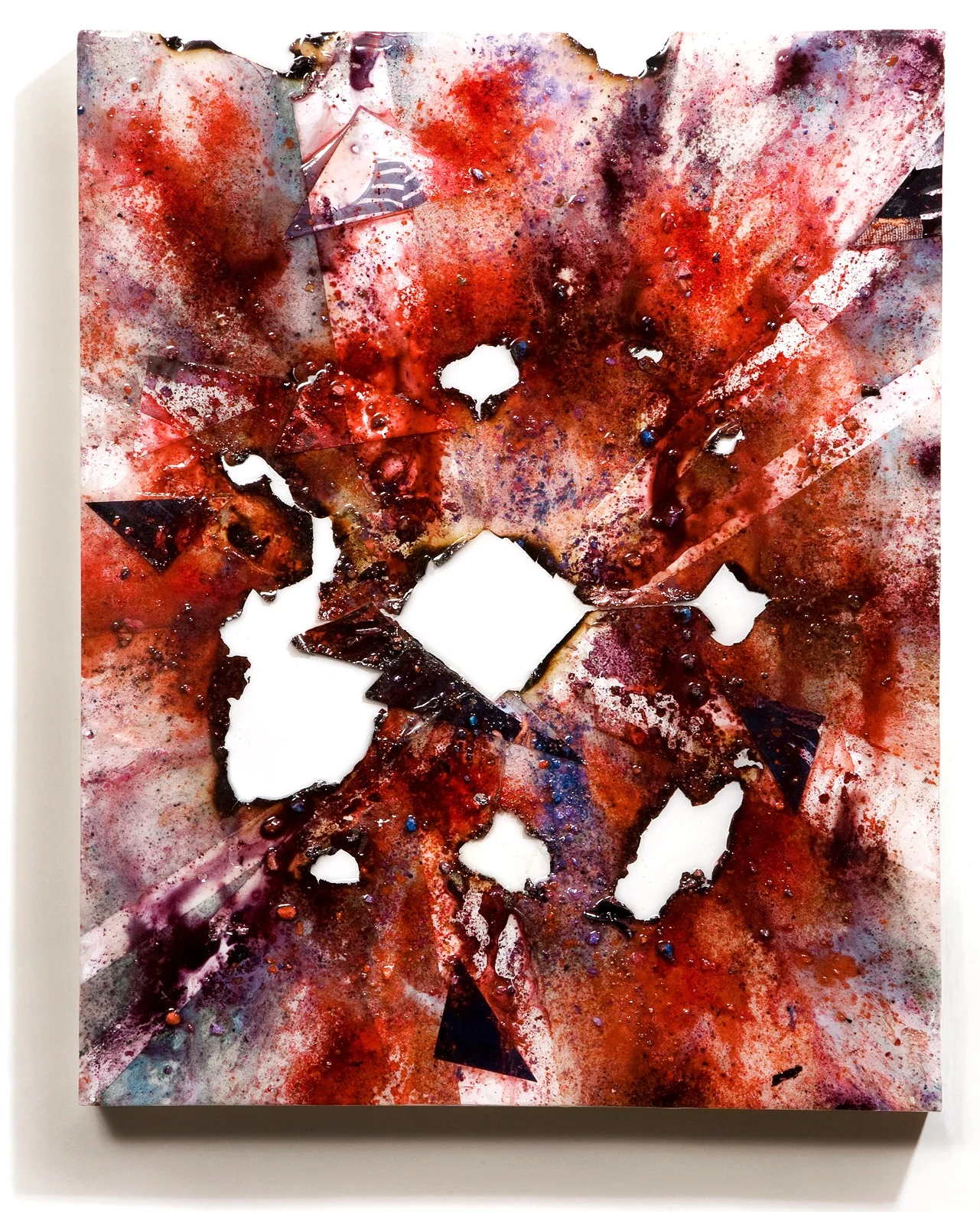 SERIE I, Untitled (white/white), photographs, photo background paper, chalk, spray paint, packing tape, powder drink, glue, epoxy resin on wood panel, 16"x20"x2", 2018