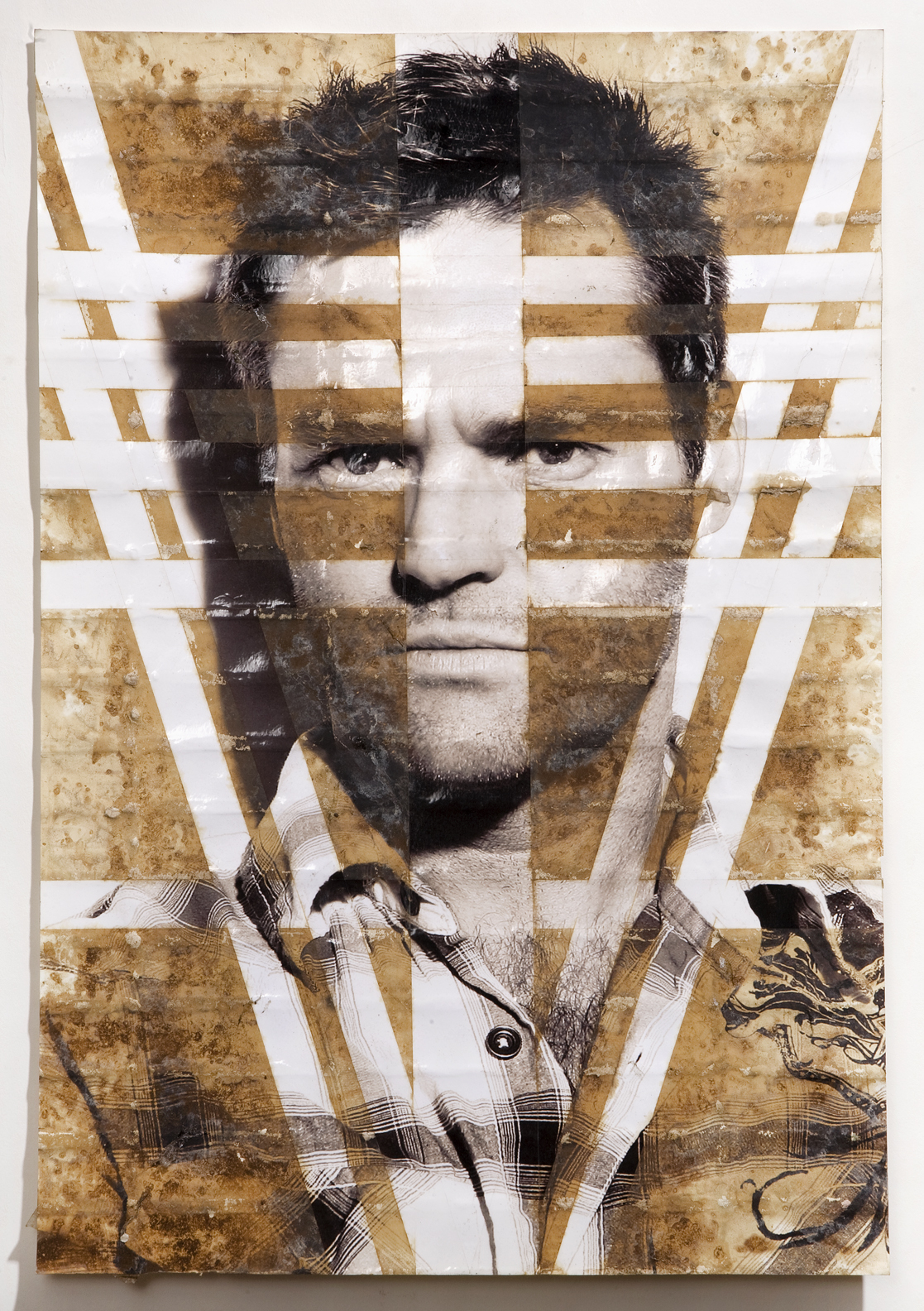 Self Portrait (Martin Sobey), inkjet print, packing tape, coffee, coffee grounds, milk, 13"x19", 2010