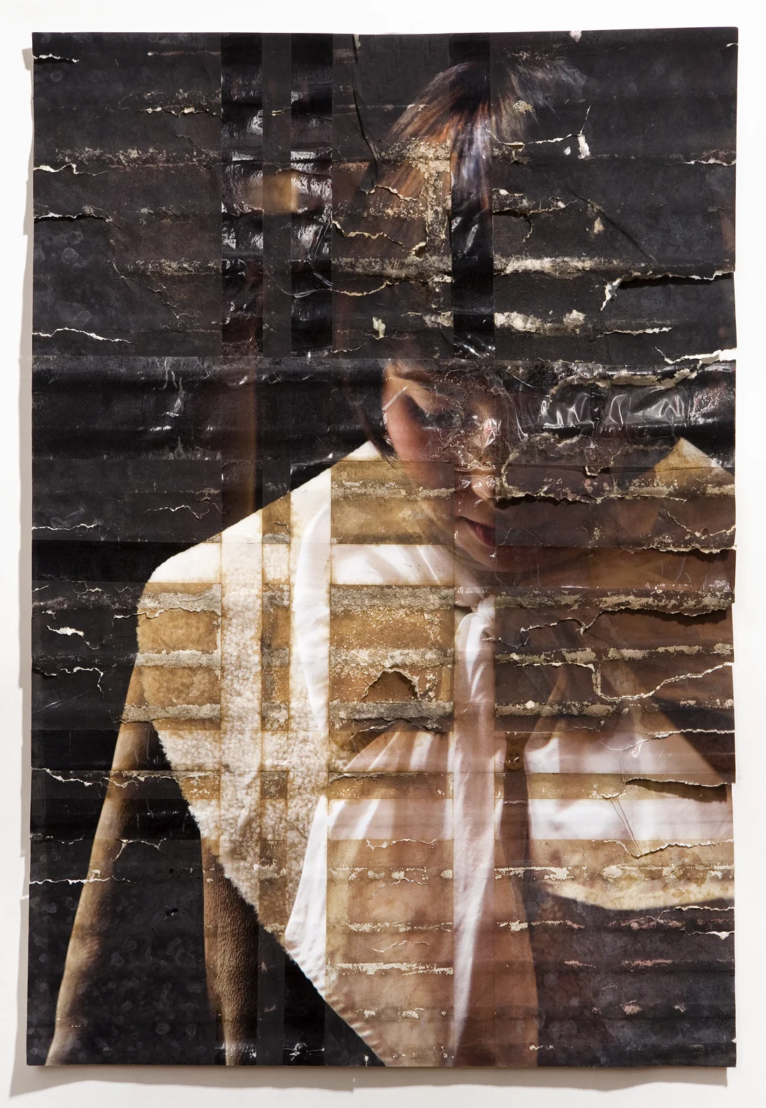 Mara Capps, inkjet print, packing tape, coffee, coffee grounds, milk, 13"x19", 2010