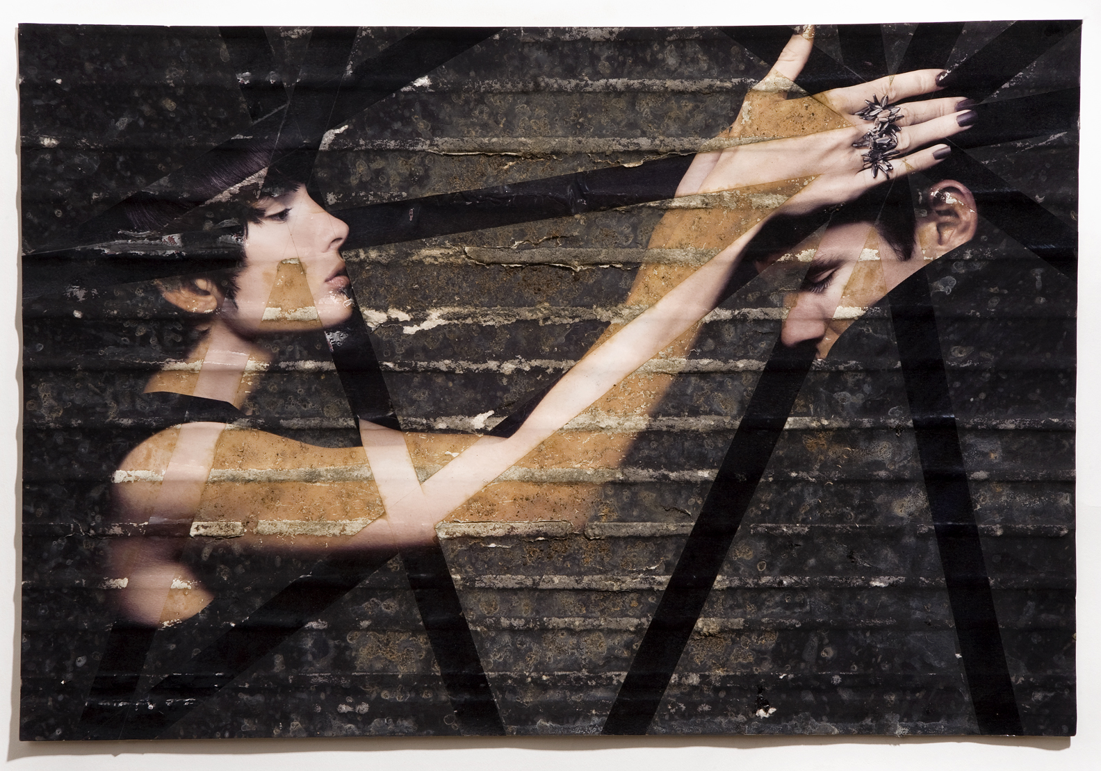 Meagan &amp; John Black, inkjet print, packing tape, coffee, coffee grounds, milk, 13"x19", 2010