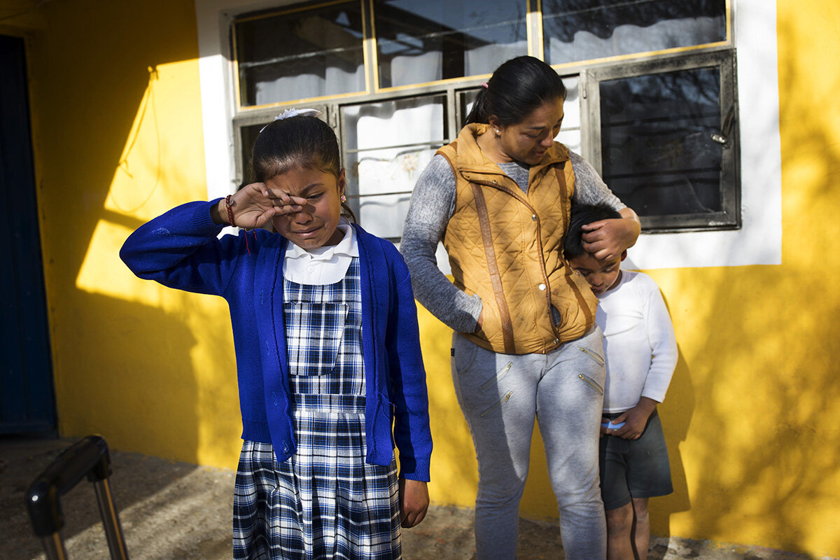 Isla’s daughter, Blanca, comforts her two children, Lesli, 10, and Luis Angel, 7, on Perez’s last day in Mexico before departing to Canada. As Perez wheels her suitcase out the door, her family erupts in tears. Each year that her mother travels back to Canada, Blanca fears she will suffer an accident.