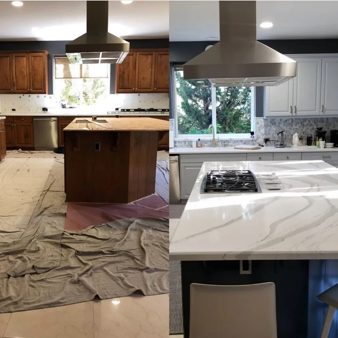 designed by ohan hazar— new countertops and backsplash using same cabinets with a coat of paint