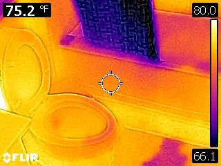 Thermal Imaging Different color Pattern. The Shower Curtain tub and floor was wet. The Dark blue curtain is more cold then the rest. The Purple on floor and tub was also water