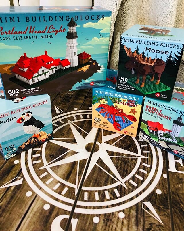 Mini Building Blocks are back! New to the crew this year is the moose! Build them all! Portland Head Light, Nubble Light, lobster 🦞, puffin and moose! #weship📦 #boothbayharbor #windjammeremporium #shoplocal #portlandheadlight #nubblelighthouse #moo