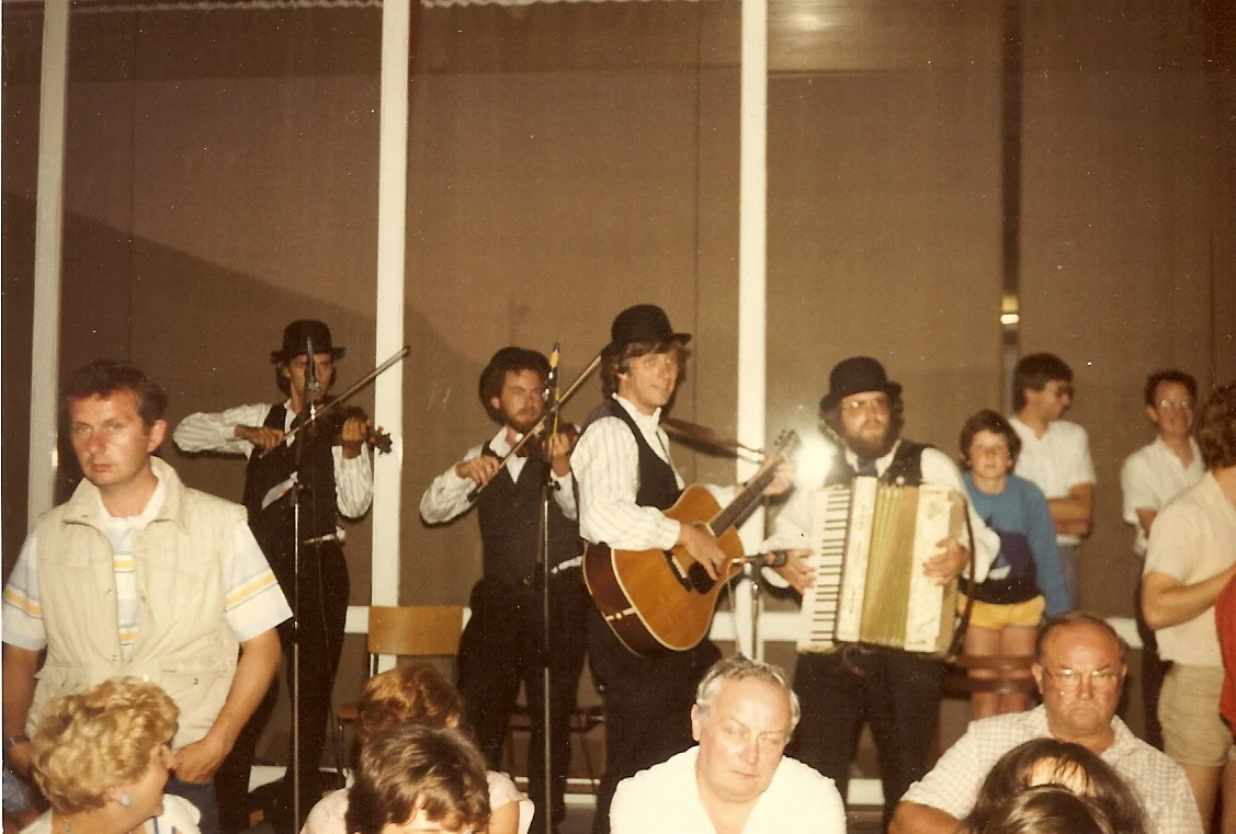 The original Fresh Fish: Kerry Elkin (second fiddler from left) Tom Hodgson, Gordon Peery (who eventually gave up the accordion, much to everyone’s relief!), playing for the Green Mountain Volunteers in Belgium