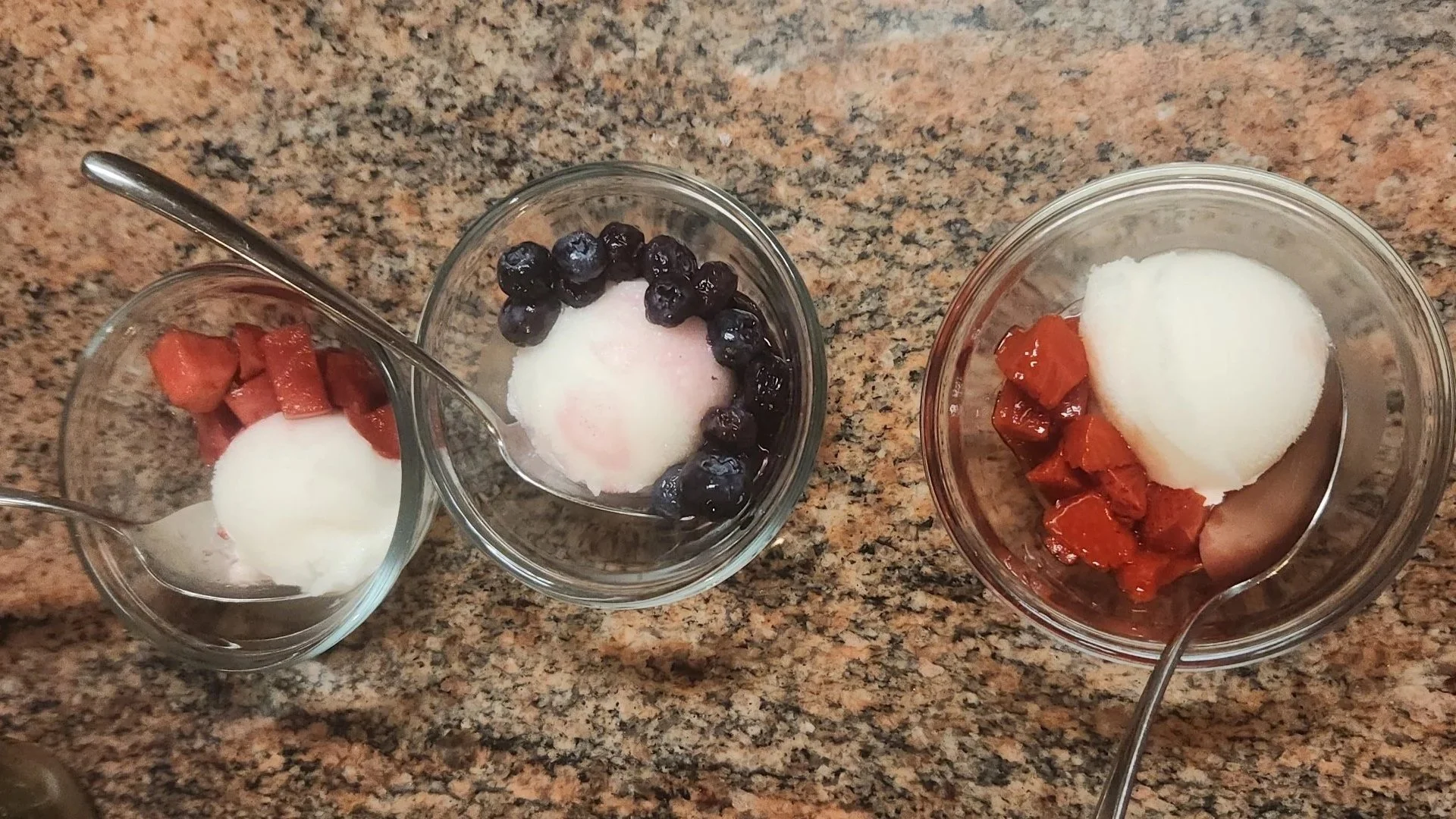 3 bowls with lemon sorbet and fermented fruit