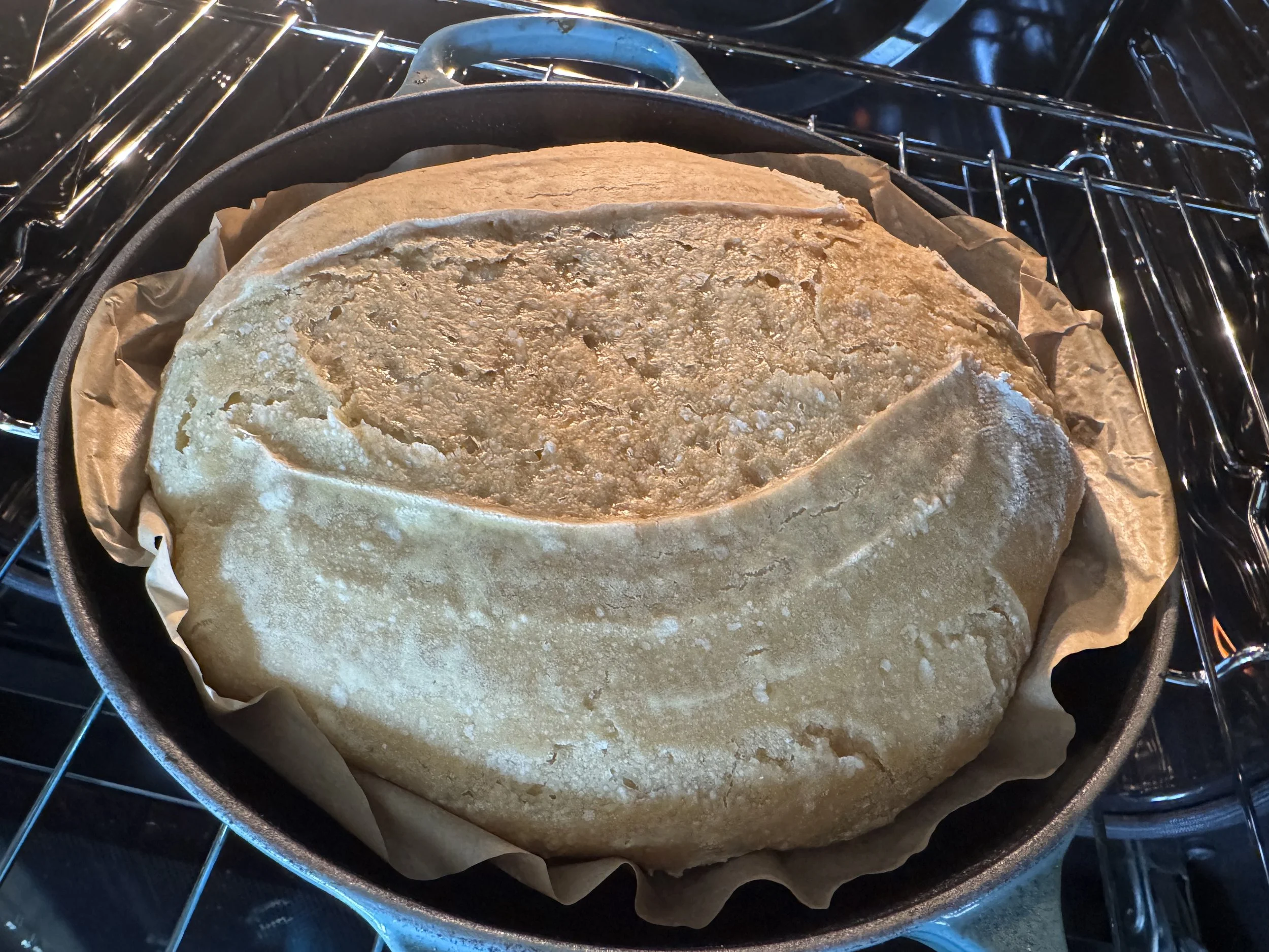 Flat half baked einkorn sourdough loaf in dutch oven