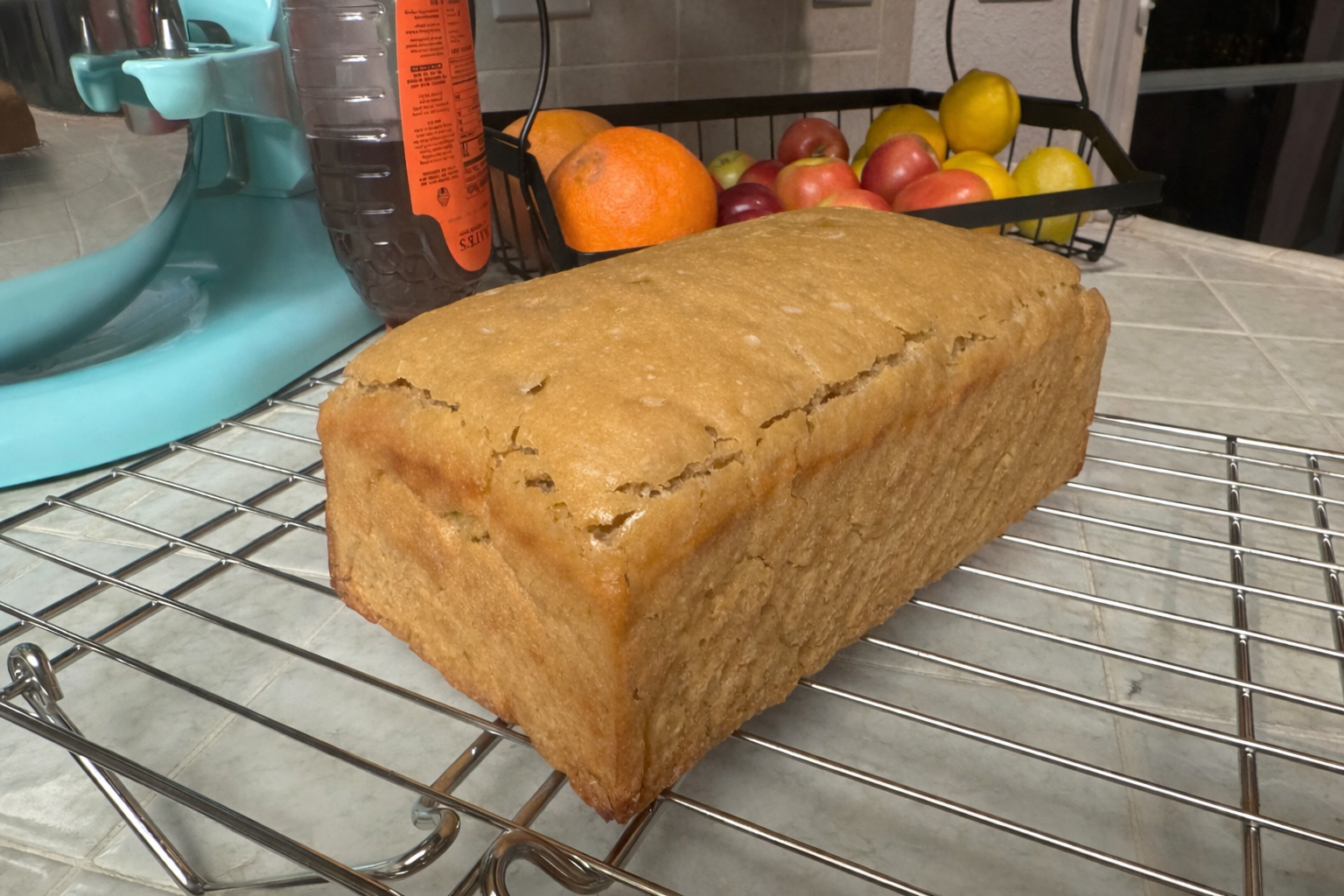 Einkorn sourdough cooling on wire rack