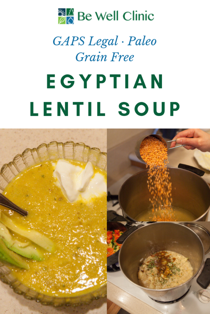 Finish your GAPS Legal Egyptian Lentil soup with a dollop of sour cream and a few slices of avocado for a healthy dose of fat. Recipe by certified GAPS Practitioner Amy Mihaly, Be Well Clinic.