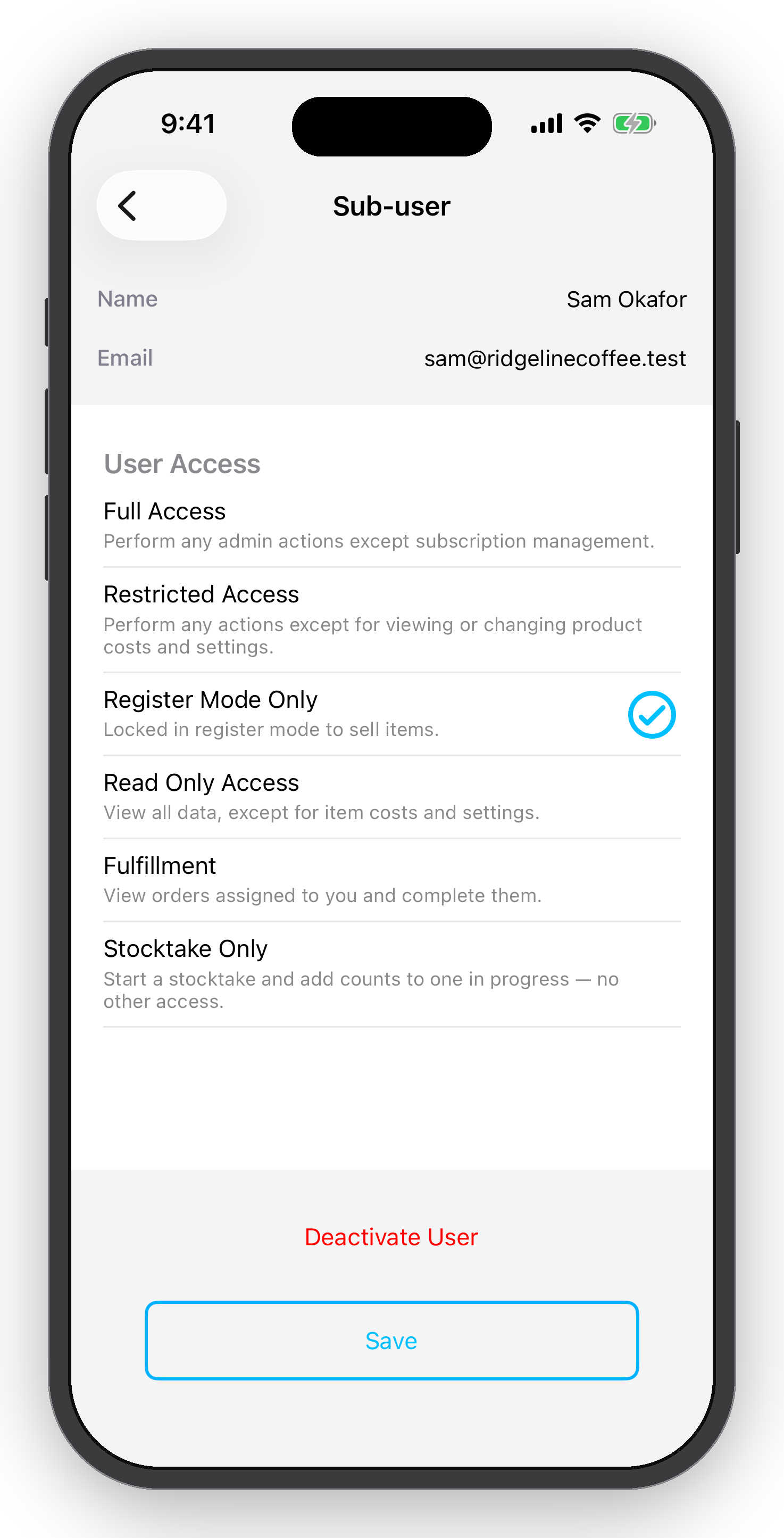 Mobile app screenshot displaying user management options, including name, email, access levels, and deactivate button for a user named Sam Okafor, with save button at the bottom.