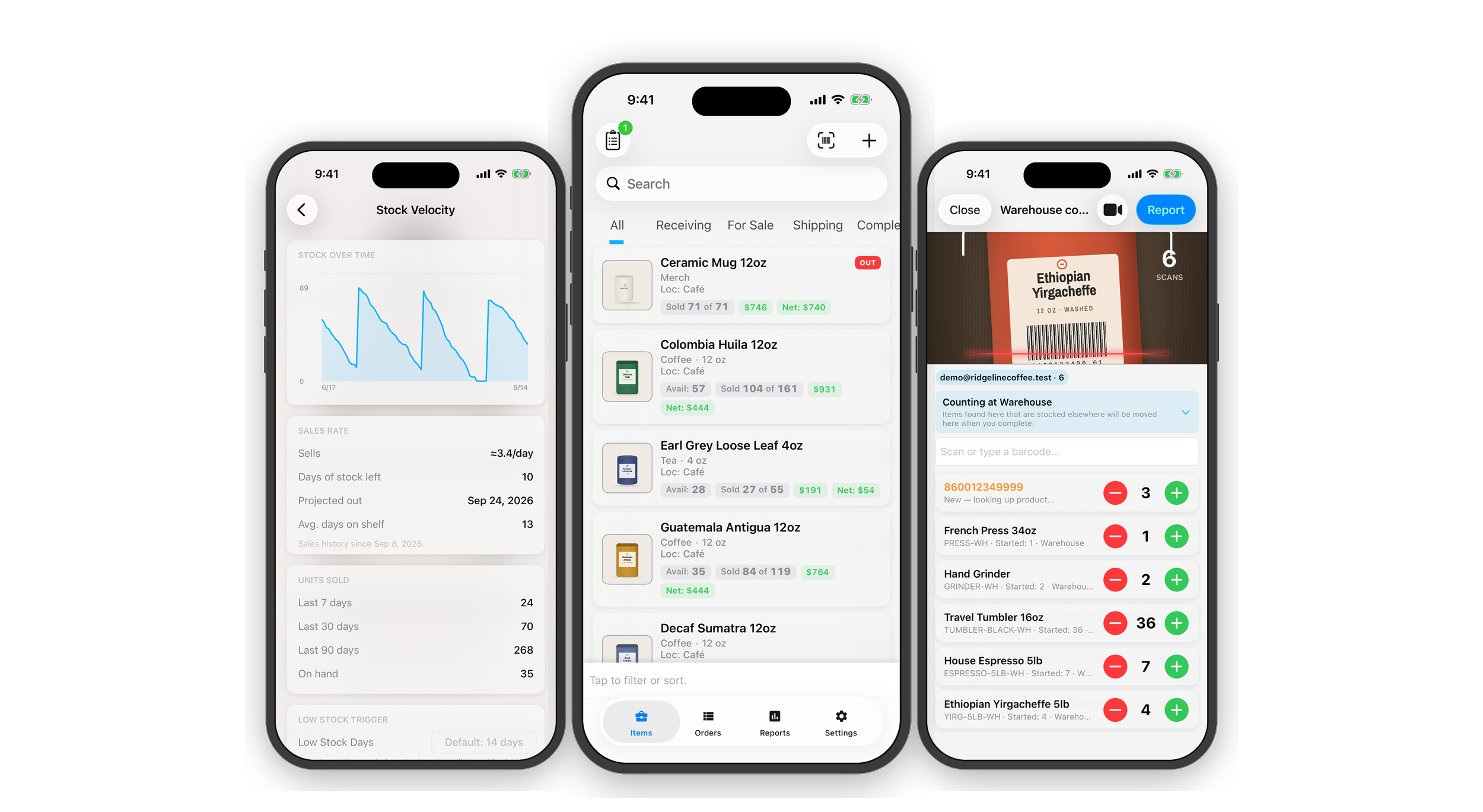Screenshots of a mobile inventory management app showing stock levels, product list with categories, and barcode scanning features.