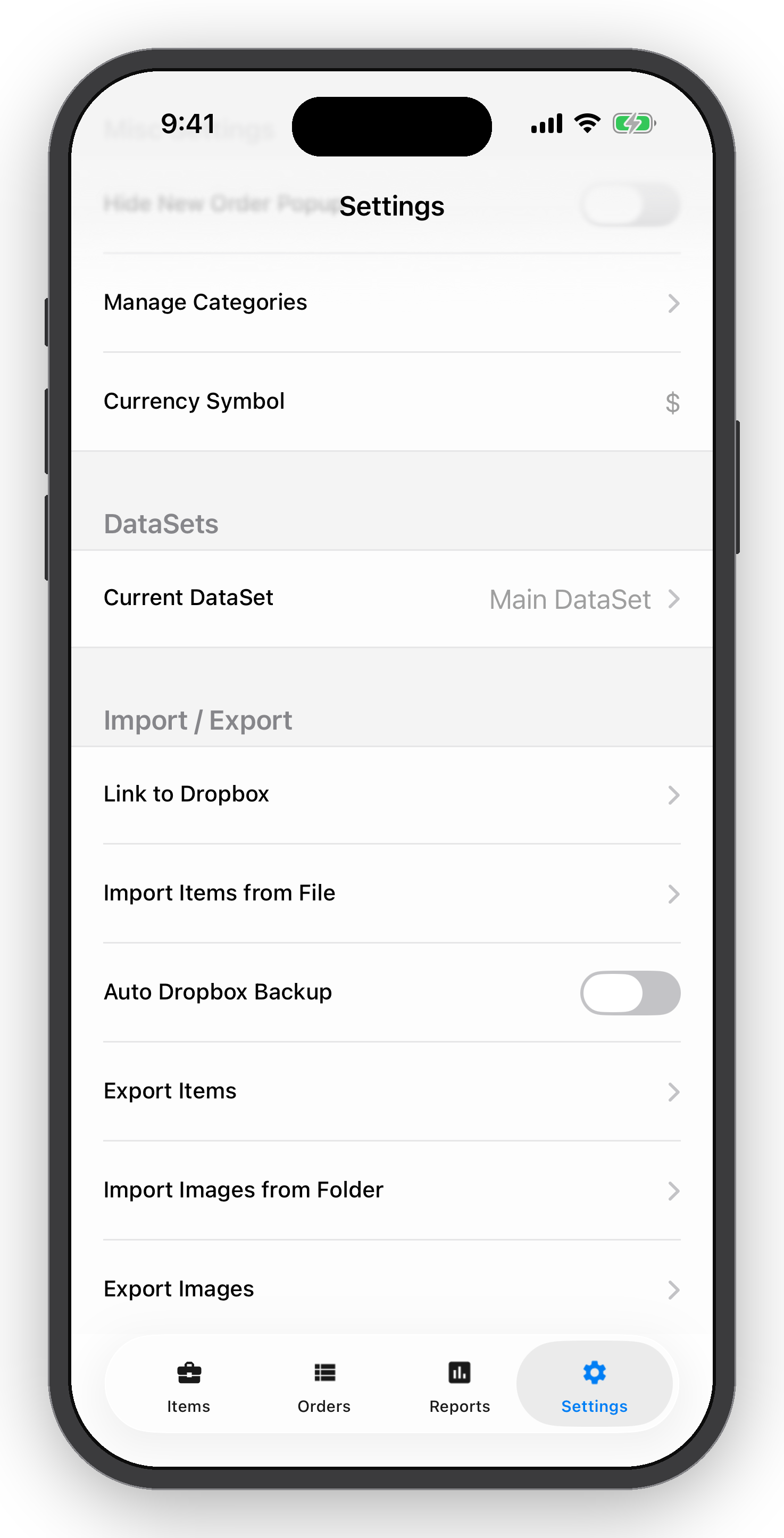 Mobile app settings screen displaying options such as manage categories, currency symbol, data sets, import/export options, Dropbox synchronization, and item export.