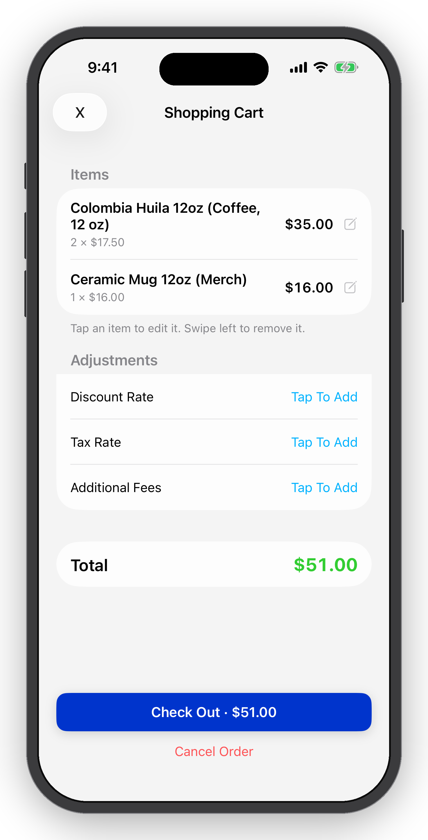 A mobile phone screen showing a shopping cart summary with items including a Colombia Huila 12oz coffee and a ceramic mug. The total cost is $51.00, with options to checkout or cancel the order.