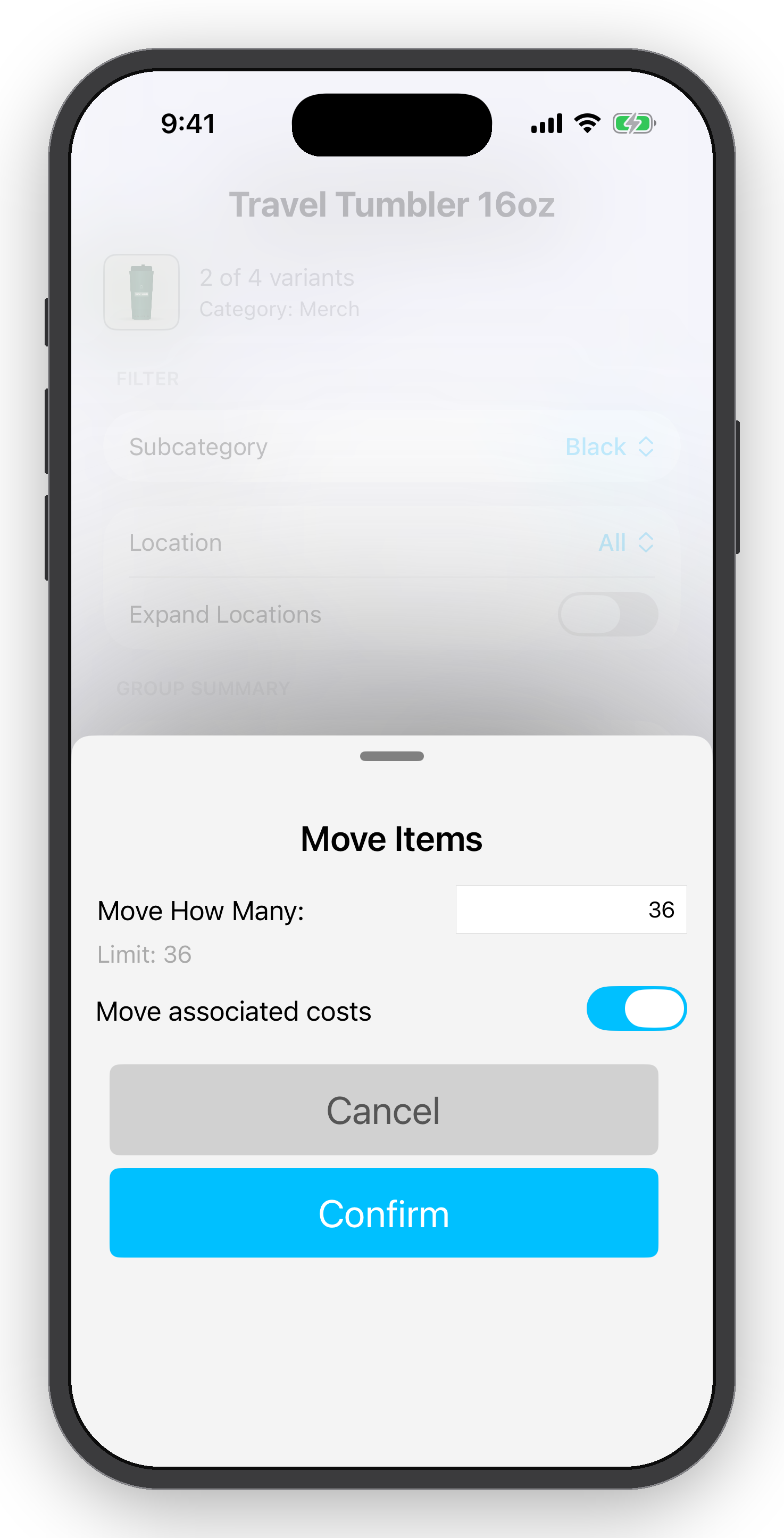 Screenshot of a mobile app interface showing the 'Move Items' screen with options to move 36 items and toggle move costs, with 'Cancel' and 'Confirm' buttons at the bottom.