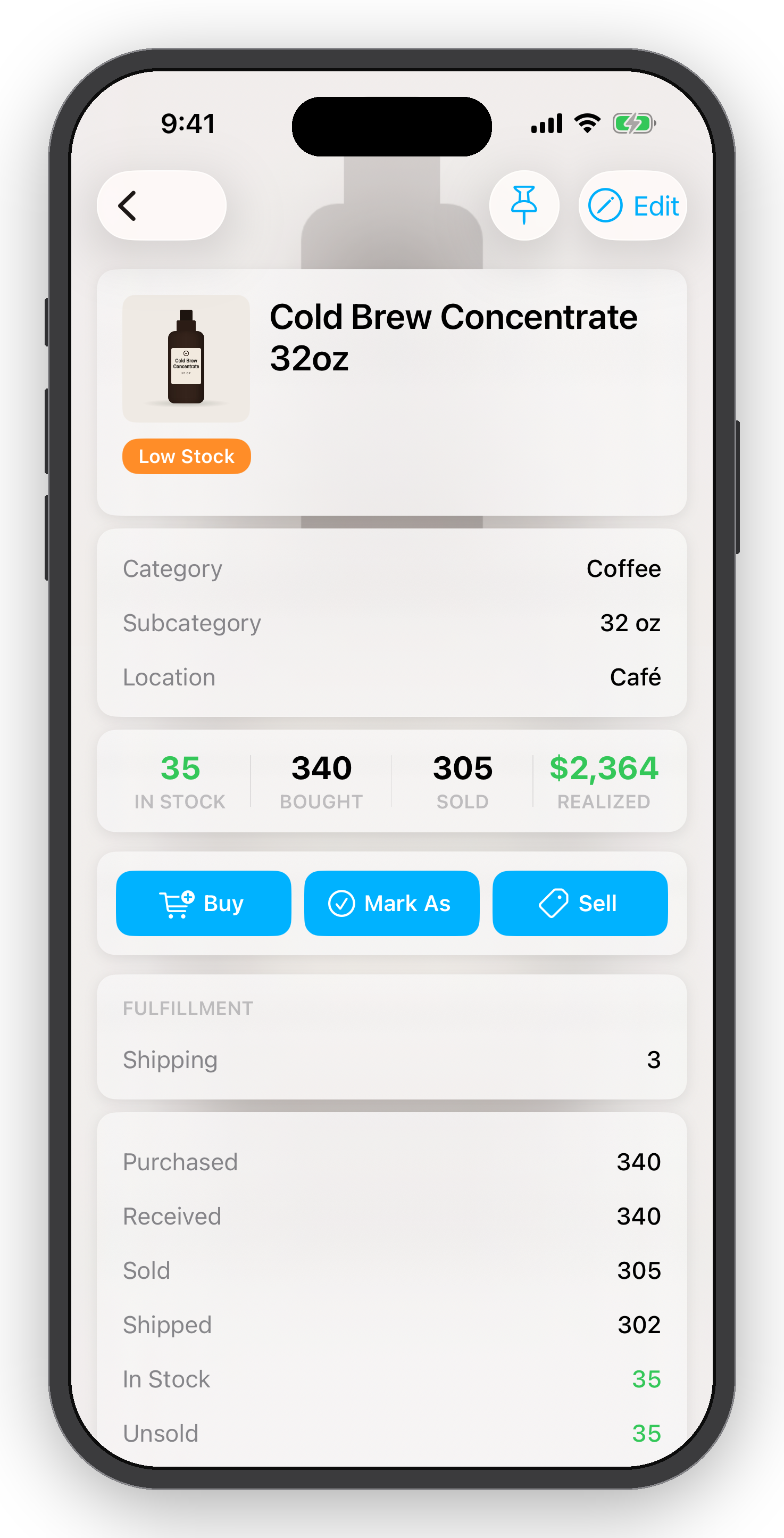 Mobile app screen showing details for 'Cold Brew Concentrate 32oz' with stock status, category, subcategory, location, inventory numbers, and options to buy, mark as, or sell.