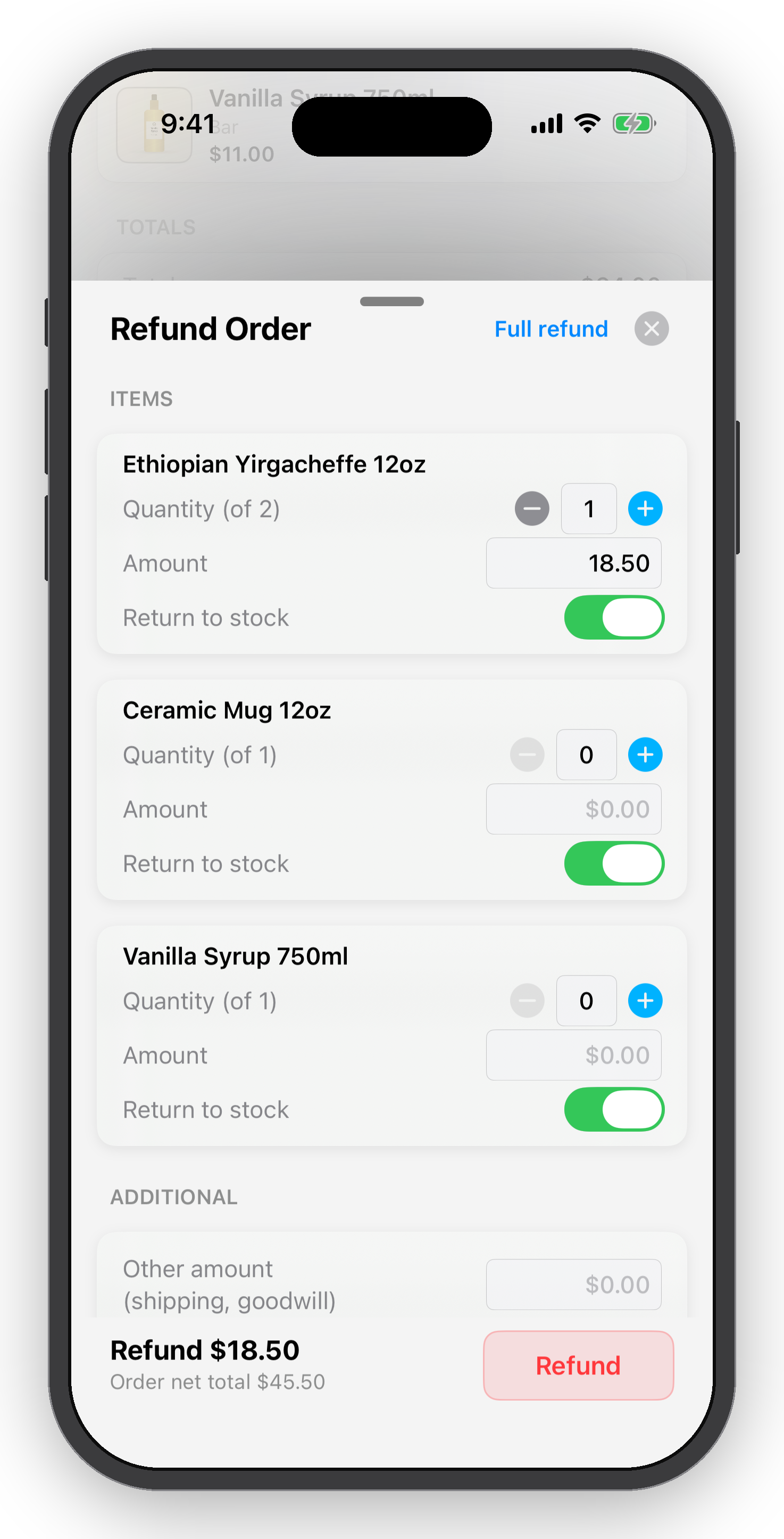 Screenshot of a mobile app showing a refund order page with items list, quantity adjustment buttons, prices, and a large red 'Refund' button at the bottom.