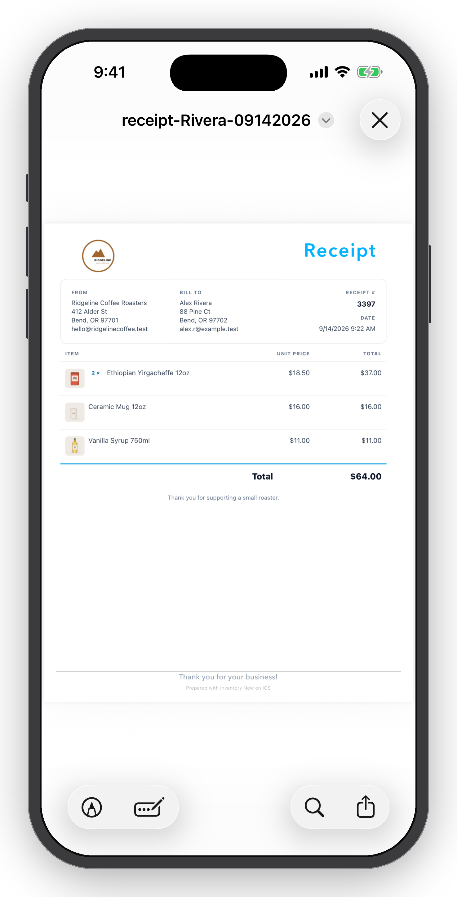 Screenshot of a digital receipt from Ridgeline Coffee Roasters, showing purchased items including Ethiopian Yirgacheffe coffee, a ceramic mug, and vanilla syrup, with a total of $64.00.