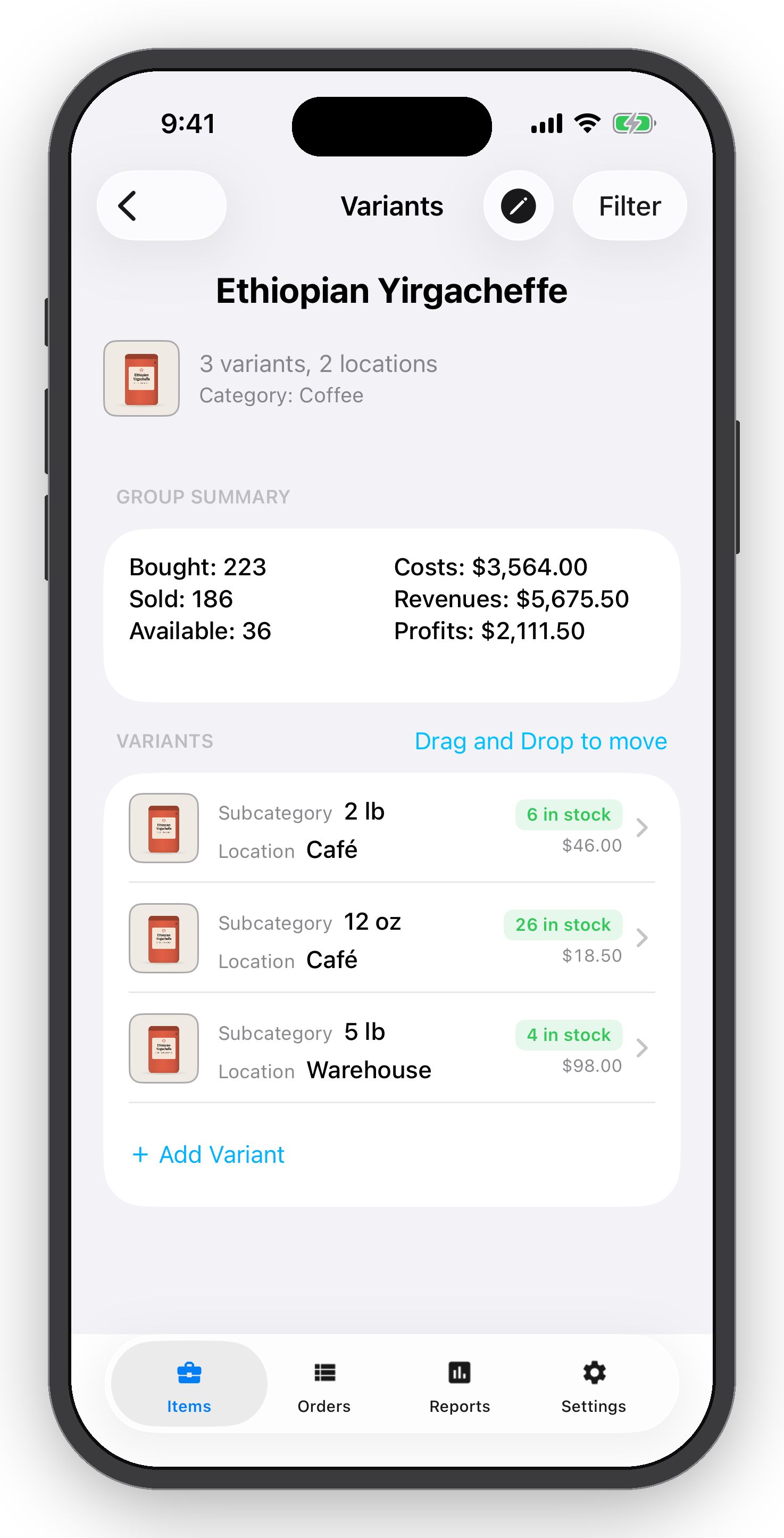 Smartphone screen showing inventory management app for Ethiopian Yirgacheffe coffee, with details on variants, stock levels, and locations.