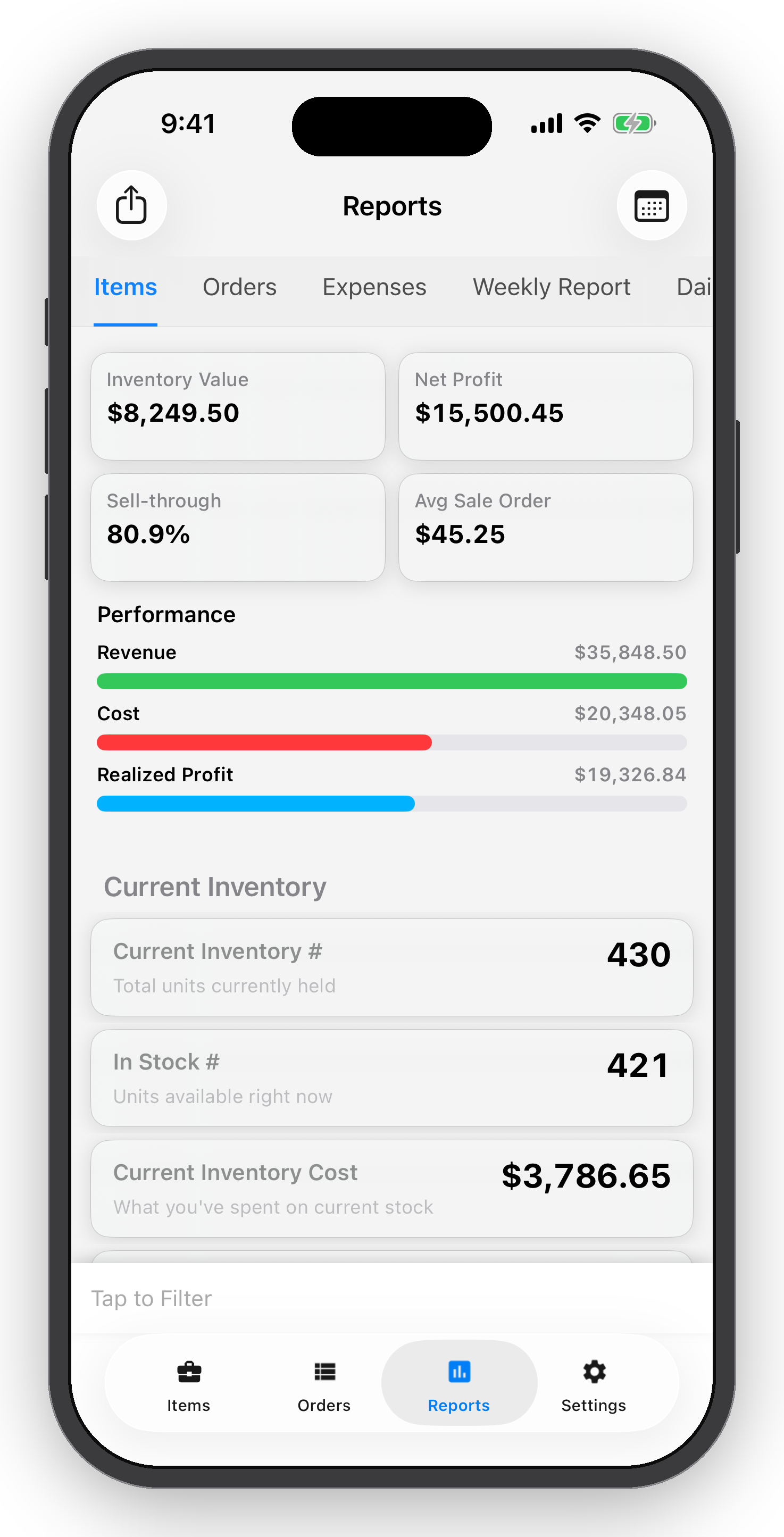 Mobile app screen displaying sales and inventory reports, including inventory value, net profit, sell-through percentage, average sale order, revenue, cost, realizable profit, current inventory details, and navigation menu at the bottom.