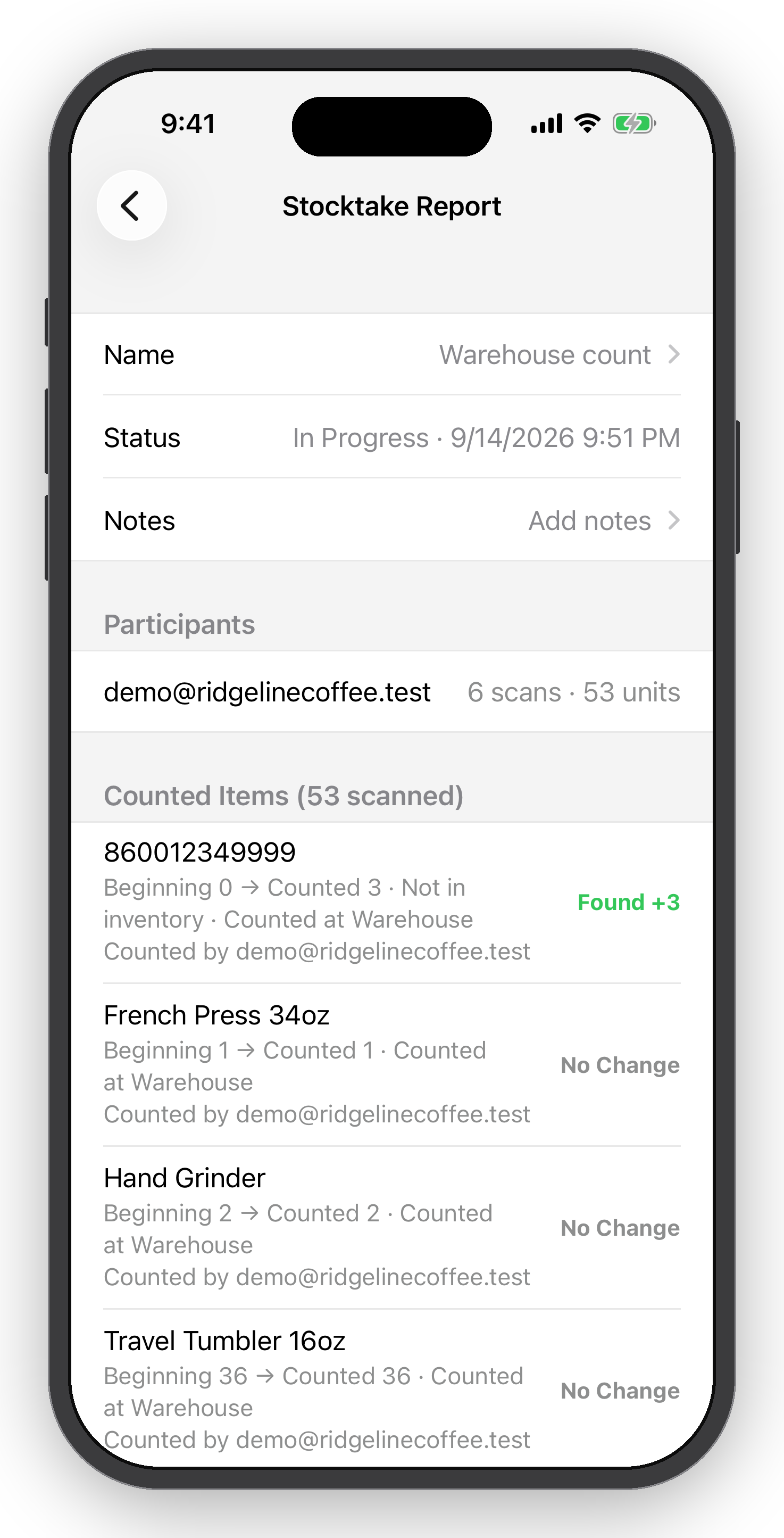 A smartphone displaying a stocktaking report app with details of scanned items, warehouse count, and participant information.