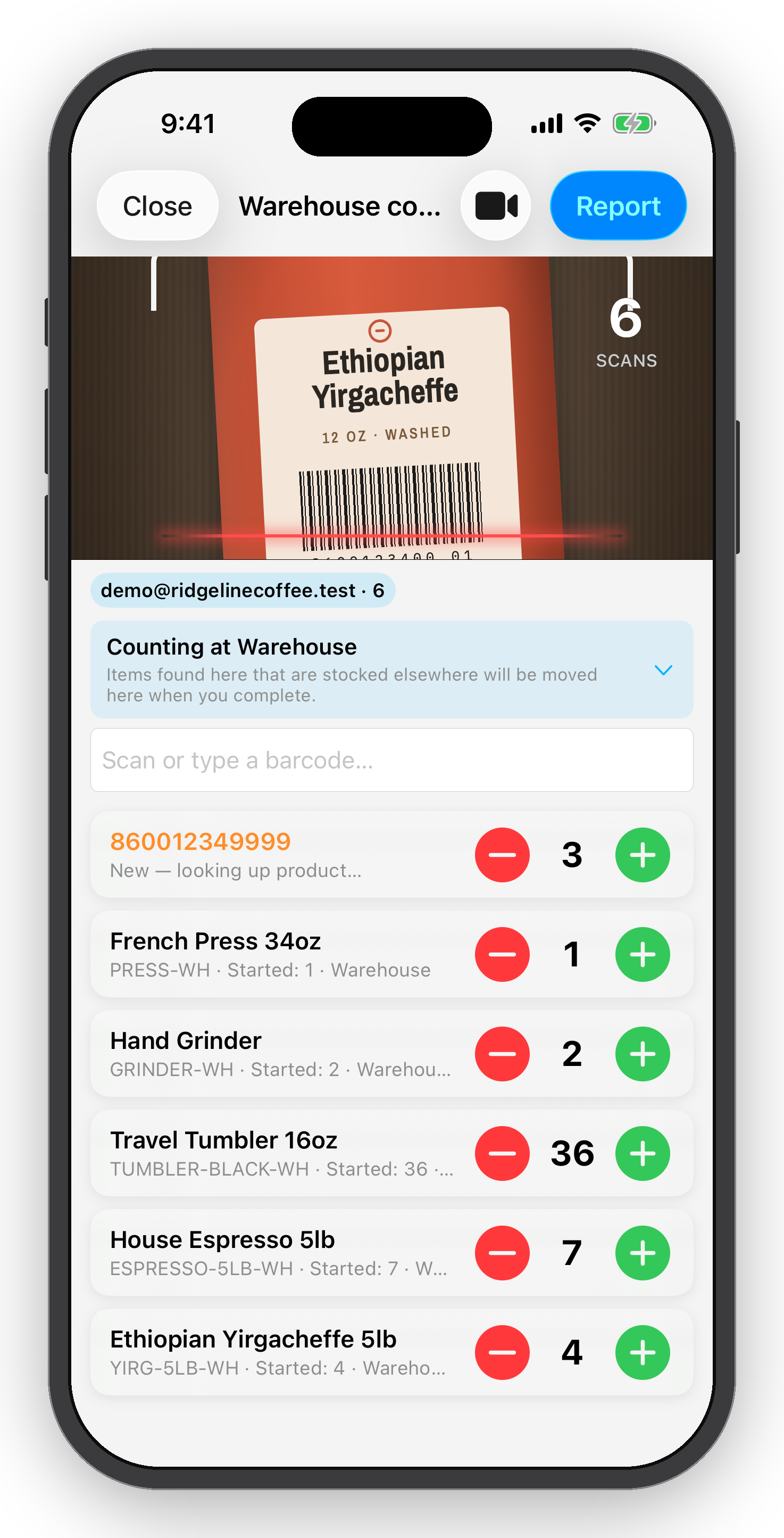 A mobile inventory management app with a barcode scanner scanning a package of Ethiopian Yirgacheffe coffee. The app displays product details, stock counts, and options to add or remove items.