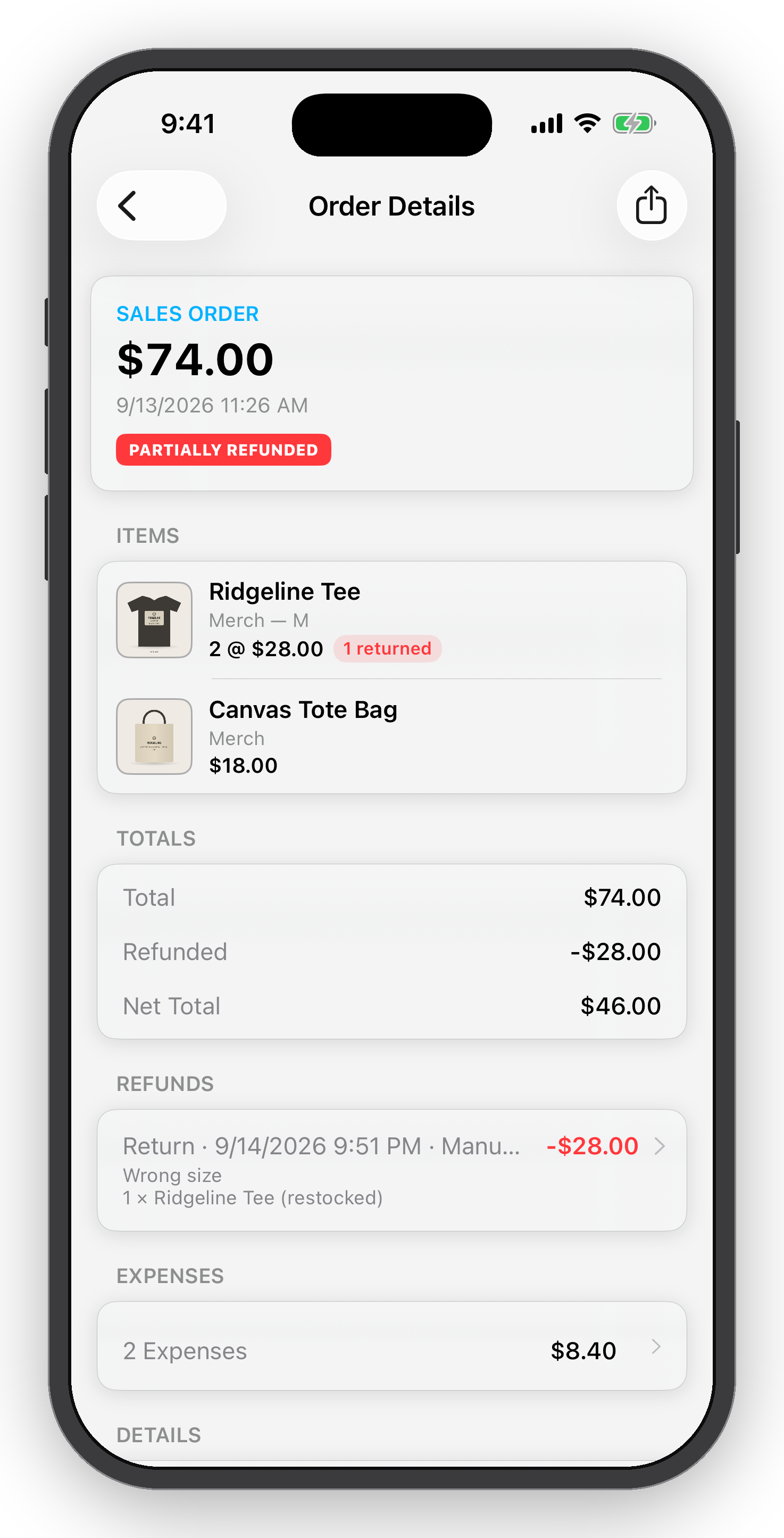 A digital screenshot of a mobile app showing order details for a sales transaction. The order includes two Ridgeline Tees and one Canvas Tote Bag, with a total of $74.00, a partial refund of $28.00, and a net total of $46.00.