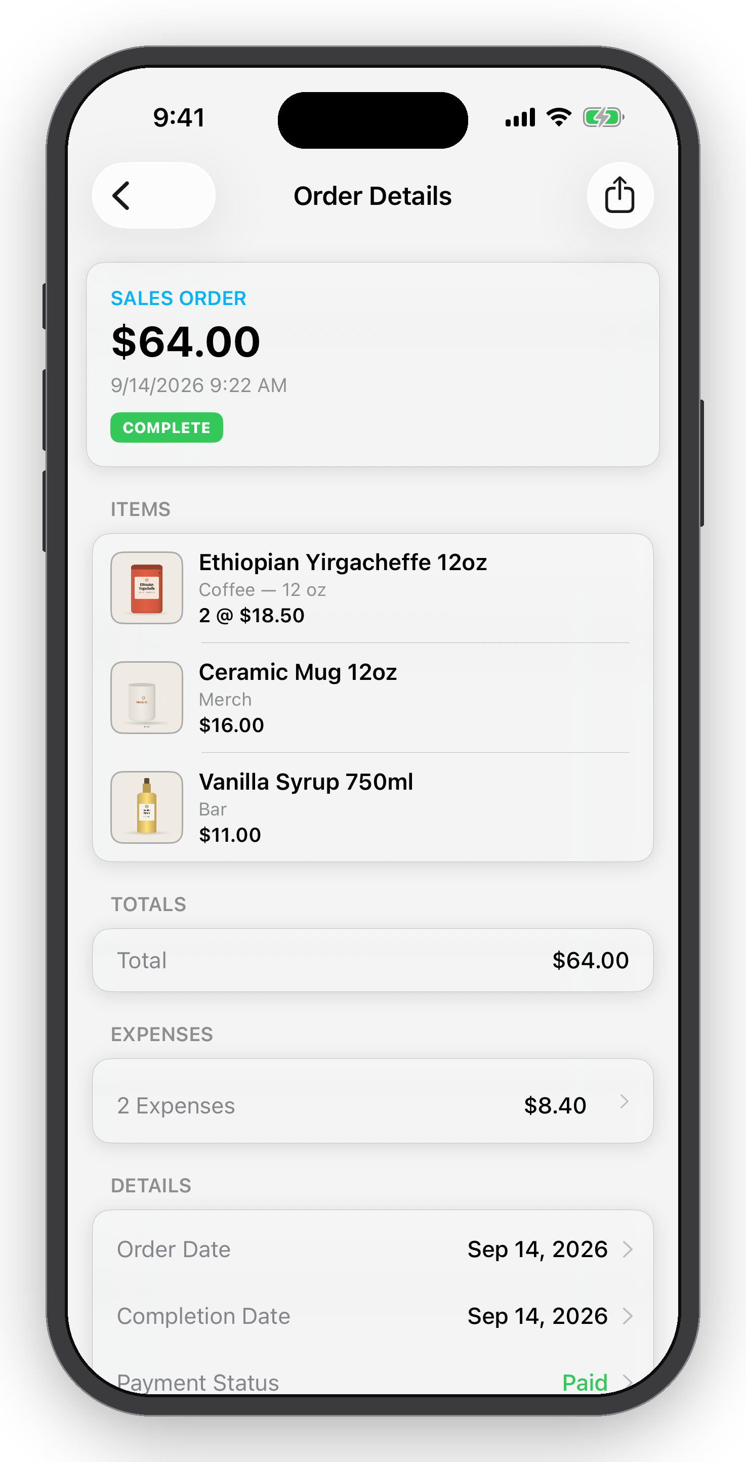Screenshot of a mobile app displaying an order receipt with a total of $64.00. The items include Ethiopian Yirgacheffe coffee, a ceramic mug, and vanilla syrup. The order was completed on September 14, 2026, at 9:22 AM, and the status is marked as complete. The screen shows section headers for sales order, items, totals, expenses, and details.