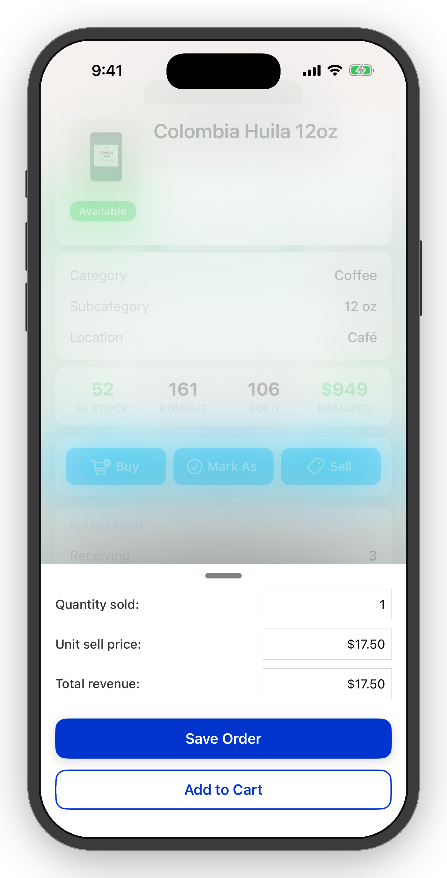 Mobile app screen showing coffee order details, including quantity, unit price, and total revenue, with options to add to cart or save order.