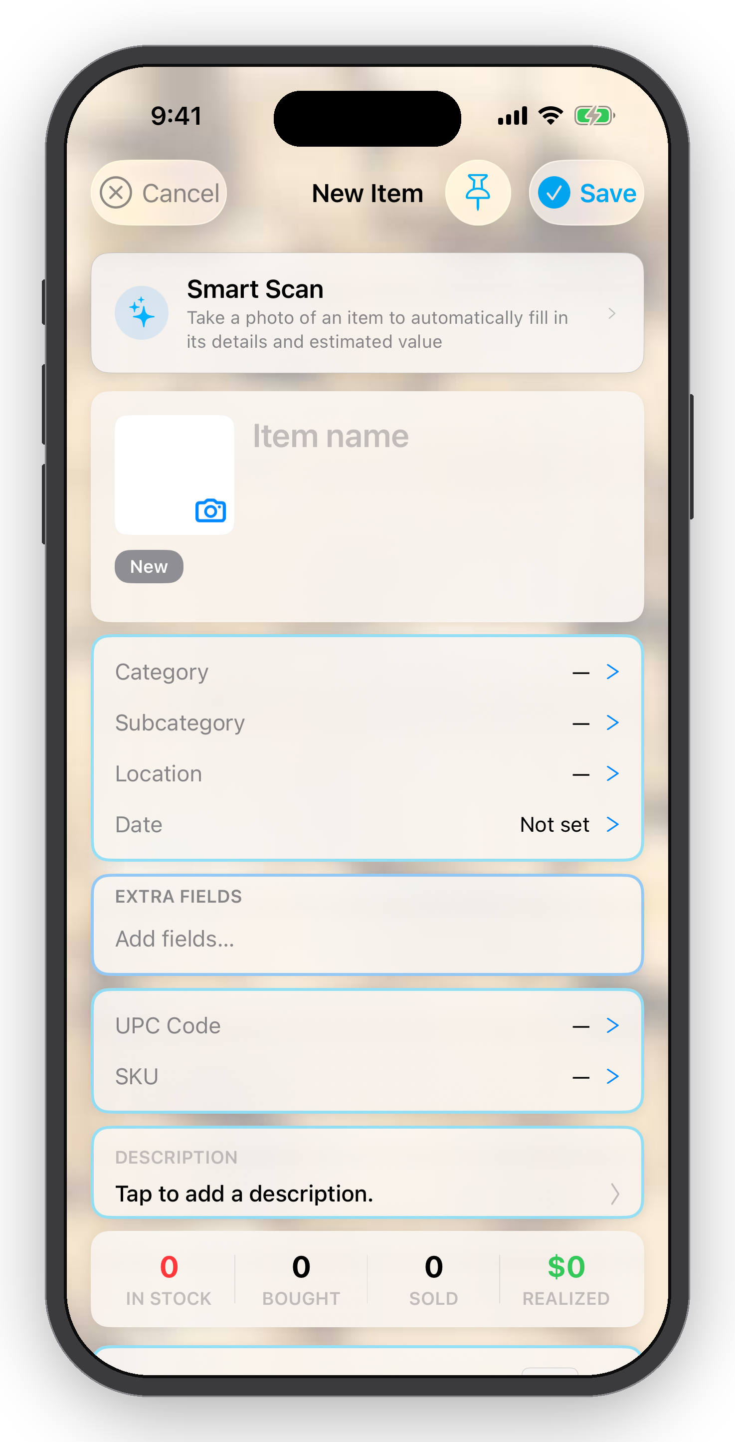 Screenshot of a mobile app interface for adding a new item with fields for item name, category, subcategory, location, date, extra fields, UPC code, SKU, and description. The top options include cancel and save buttons, and a smart scan feature. Bottom of the screen shows inventory status with in-stock, bought, sold, and realized amounts, all at zero.