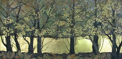 Apple Trees & Stone Wall in Winter Egg Tempera, 12” x 20”