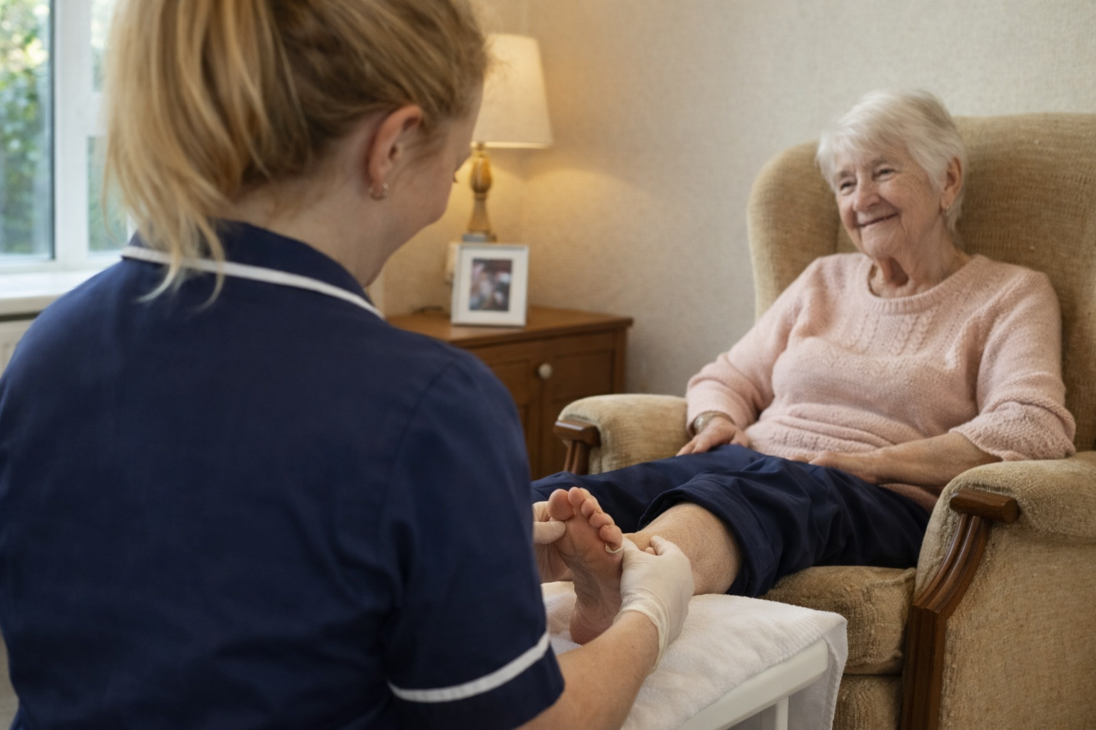 In-home podiatry treatment in Bangor Northern Ireland with a podiatrist providing foot care to an elderly patient in a home setting.