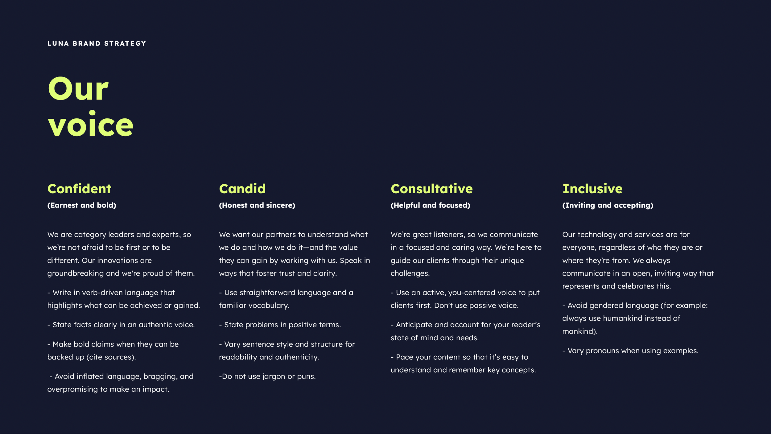 Tone is contextual, so I created clear guidelines for adapting voice to specific moments in the customer journey.