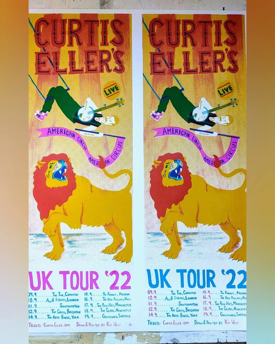 Dig these groovy, new posters for my UK tour! Designed and screen printed by Kai West! Available exclusively on the meech table! 🪕🎪
---
#curtiseller #curtisellersamericancircus #uktour #poster #screenprinting #circus #lion #banjo #banjomusic #kaiwe