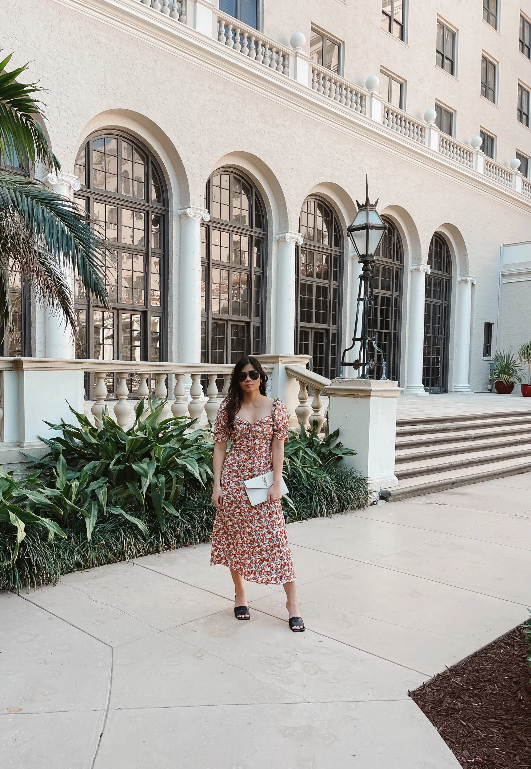 Dress Linked Here: From Revolve Faithfull the brand (Lennox Midi Dress), Shoes Linked Here: Asos.com (Public Desire Mule in Black, Purse Linked Here: YSL Uptown Pouch, Sunglasses Linked Here: Quay High Key Aviator