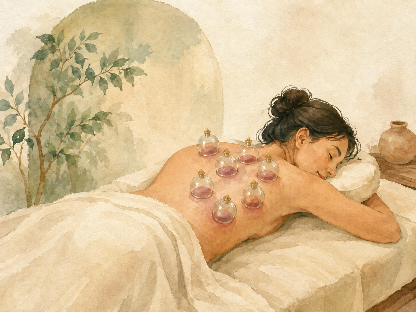 Watercolor illustration of a patient receiving cupping therapy for back pain in an acupuncture treatment room.
