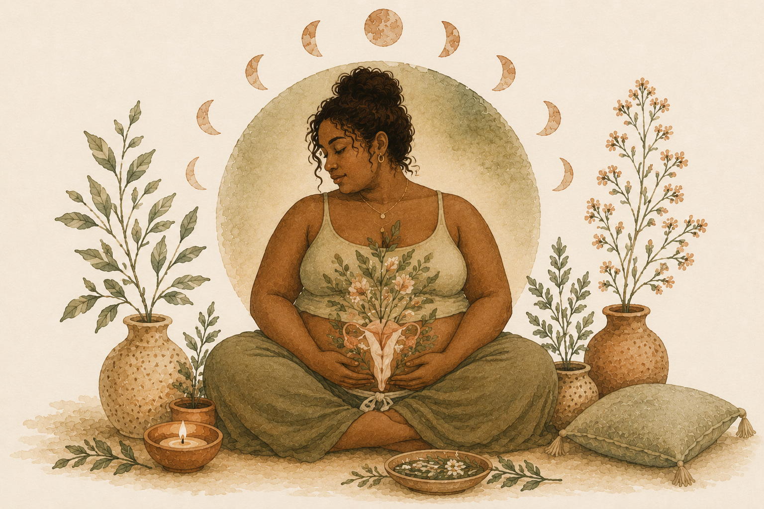 Soft watercolor illustration of a plus-size Black woman seated cross-legged among botanical elements and moon phases, with gentle fertility and reproductive health symbolism in warm earthy tones.