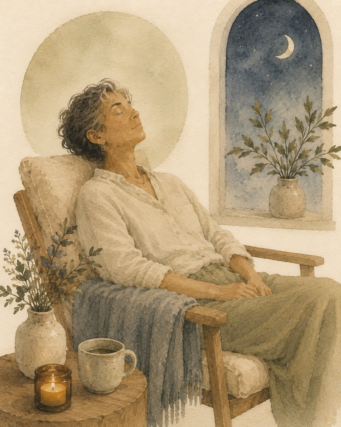 Watercolor illustration of a person resting peacefully in a cozy chair beside a moonlit window, surrounded by soft botanical elements and warm earthy tones, representing rest, recovery, and nervous system support.