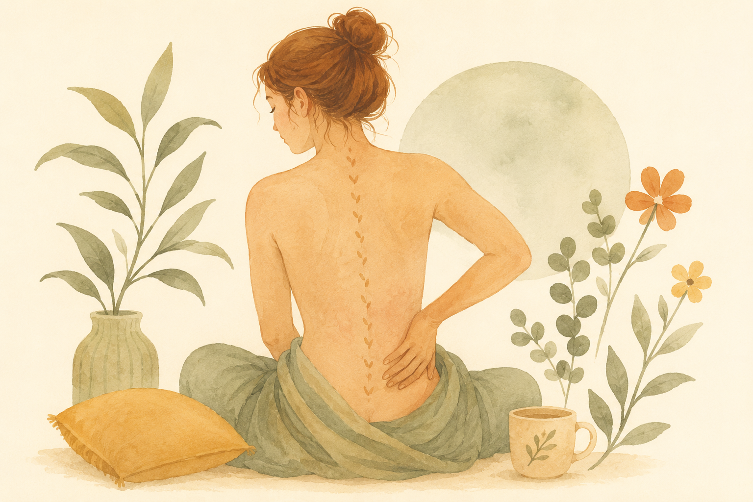 Watercolor illustration representing acupuncture support for back pain, neck tension, and chronic muscle tightness, featuring a person stretching in a calm botanical setting.