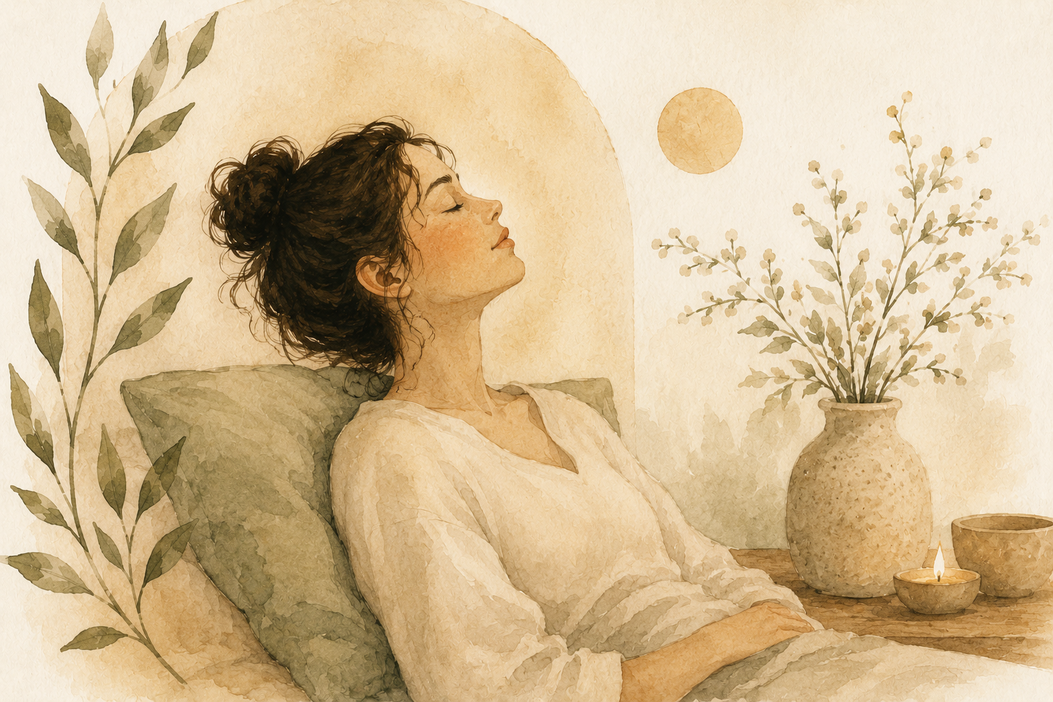 Watercolor illustration of a person resting with a hand near their jaw and neck, surrounded by soft botanical elements in warm earthy tones, representing support for headaches, migraines, and chronic tension.