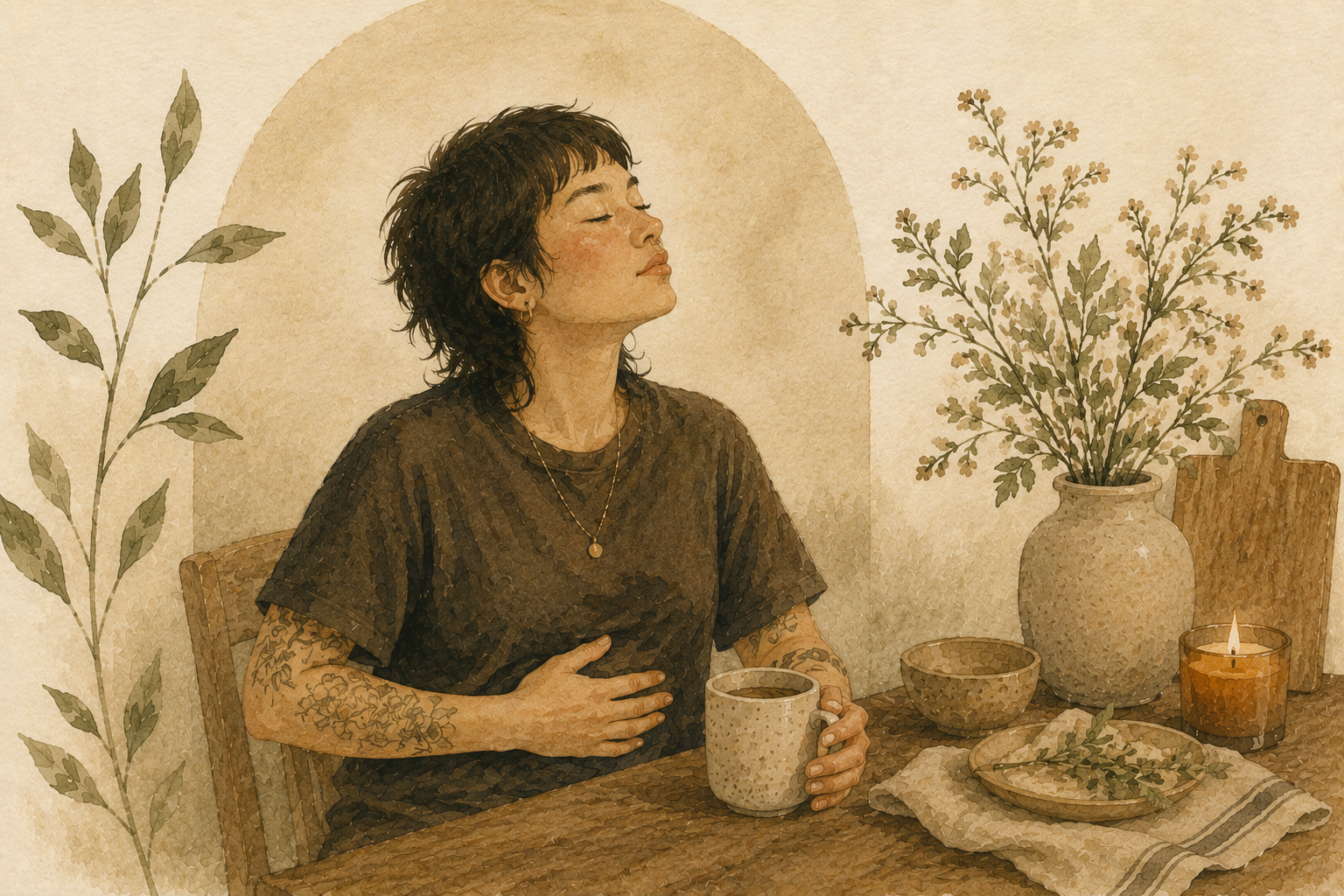 Watercolor illustration of a tattooed person seated at a wooden table holding a warm mug and resting a hand on their abdomen, surrounded by soft botanical elements and earthy ceramics in a calm, cozy setting.