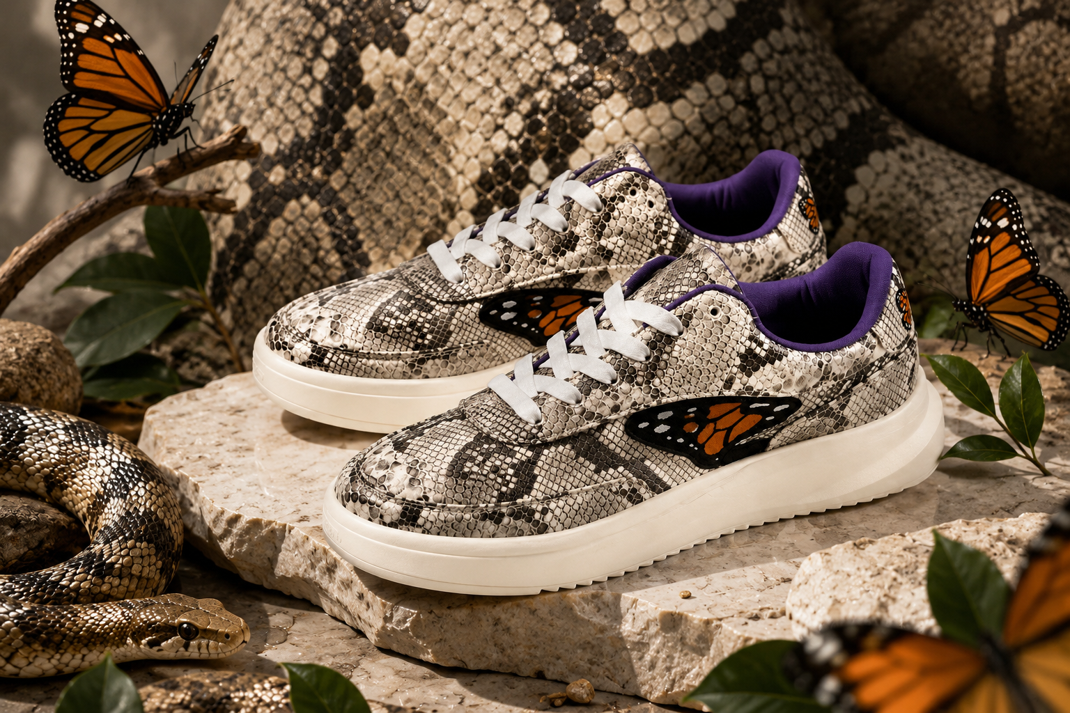 A pair of sneakers with snakeskin pattern and butterfly wing designs, surrounded by greenery and a snake, under a snake-patterned backdrop.