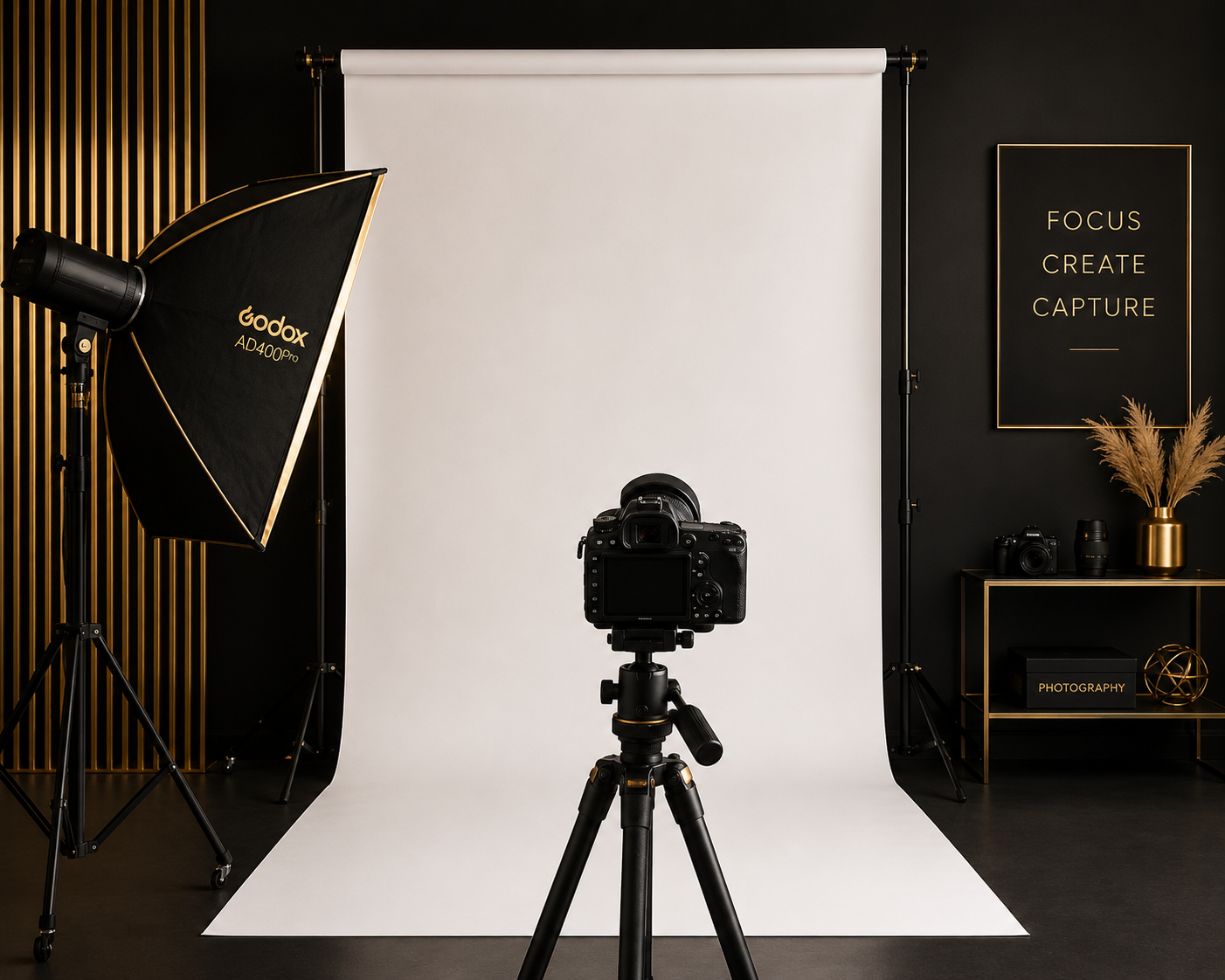 A professional photography studio setup with a camera on a tripod facing a white backdrop, studio lighting on the left, and a black shelf with camera equipment on the right, against a black wall with gold accents.