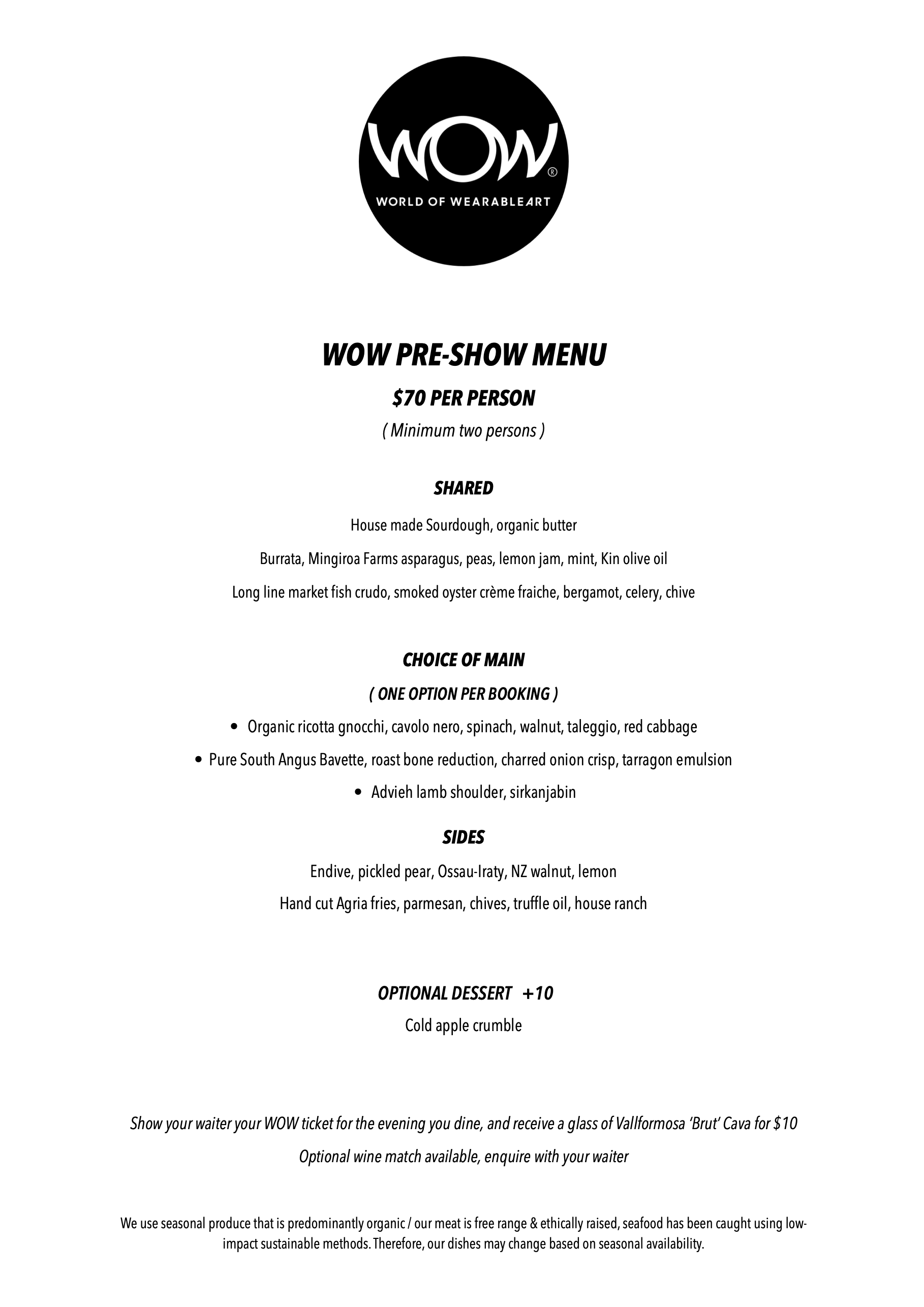 WOW pre show express set menu