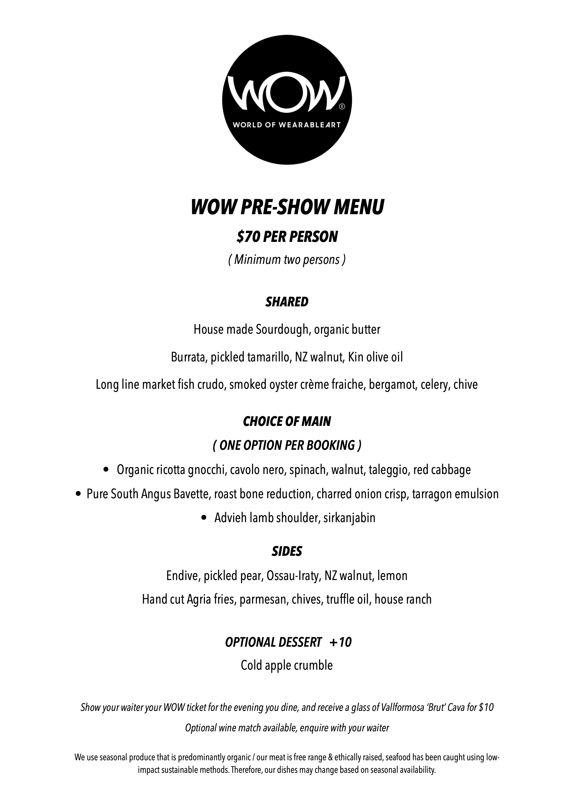 WOW Pre Show Menu