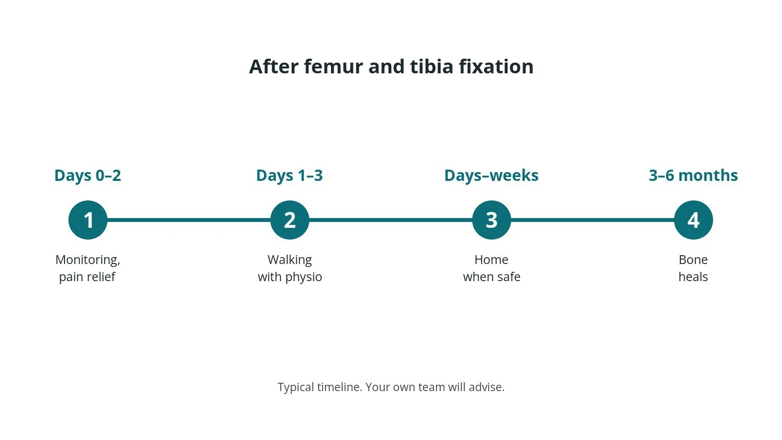 Recovery timeline after femur and tibia fixation: Days 0–2: Monitoring, pain relief, Days 1–3: Walking with physio, Days–weeks: Home when safe, 3–6 months: Bone heals