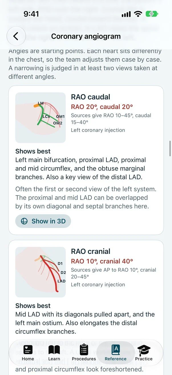Cath Lab 101 on iPhone: projection cards for the RAO caudal and RAO cranial views