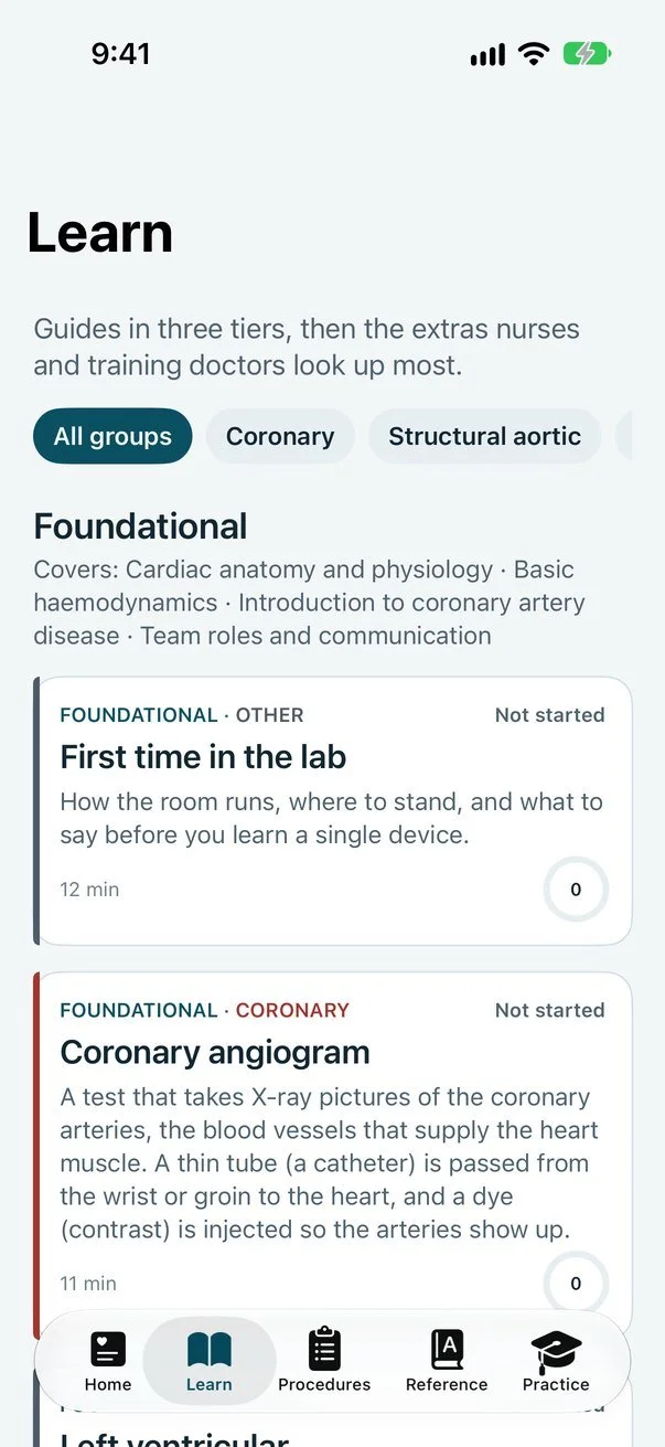 Cath Lab 101 on iPhone: the Learn tab listing guides in Foundational, Core and Advanced tiers