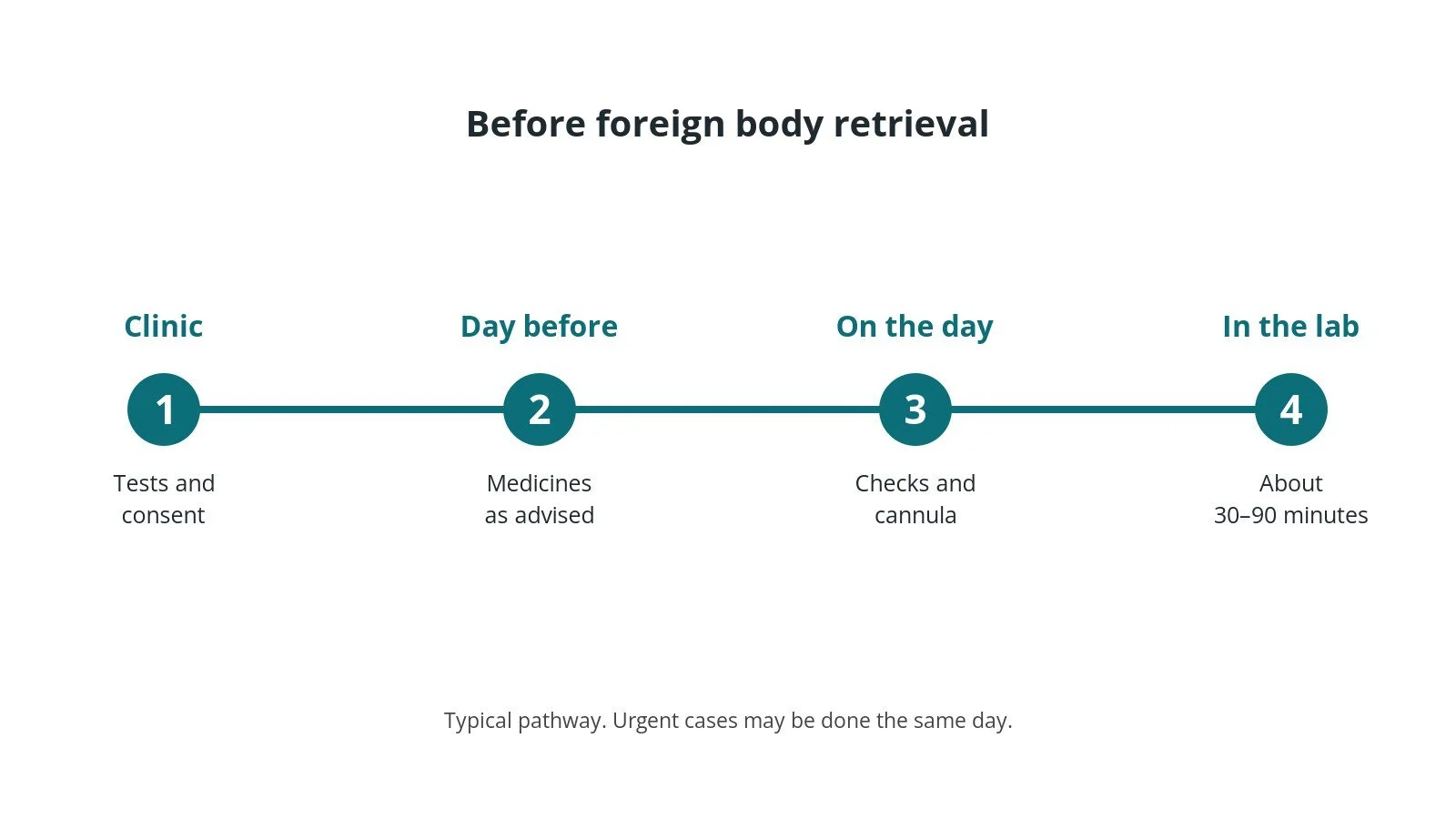 Timeline of the usual steps before foreign body retrieval: clinic tests and consent, medicine advice, checks on the day, and the procedure