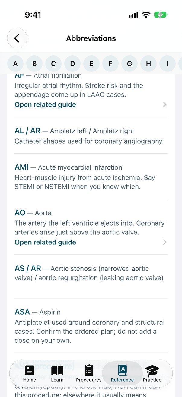 Cath Lab 101 on iPhone: the Abbreviations list with an A to Z jump bar