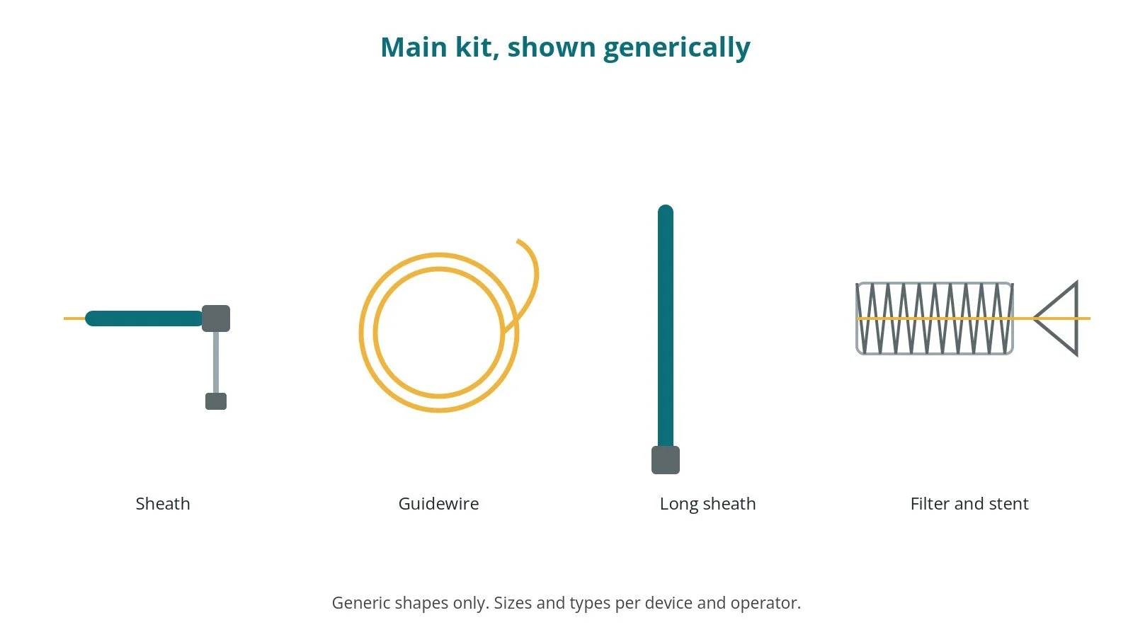 Generic drawings of the main kit: sheath, guidewire, long sheath, filter and stent